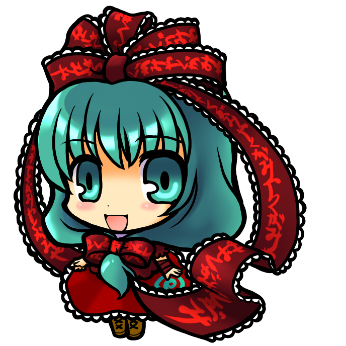 socha, kagiyama hina, touhou, 1girl, bow, chibi, dress, female focus, frills, front ponytail, long hair, ribbon, simple background, solo