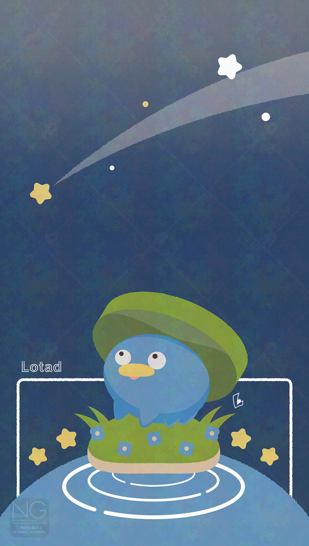 meme (sleepsheep), lotad, nintendo, pokemon, highres, artist name, flower, gen 3 pokemon, grass, no humans, parted lips, pokemon (creature), pokemon focus, ripples, shooting star, star (symbol), water