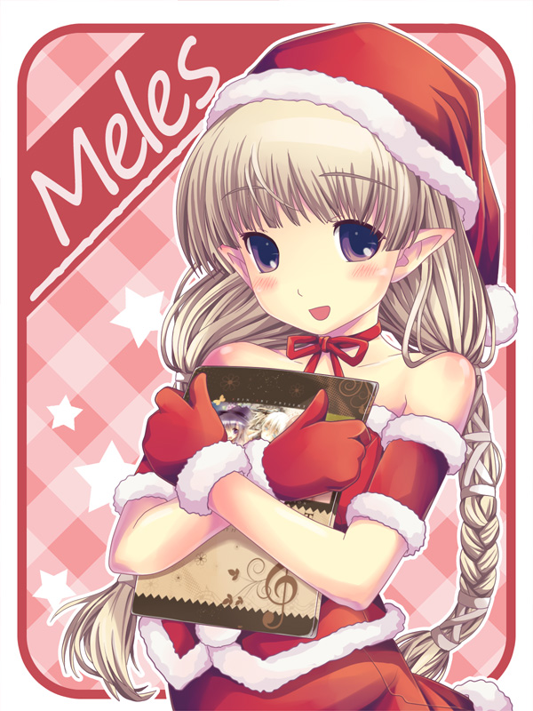 sisco, meles, mabinogi, 1girl, blonde hair, blush, braid, brown eyes, christmas, female focus, gloves, hat, pointy ears, red gloves, santa costume, santa hat, solo, twin braids