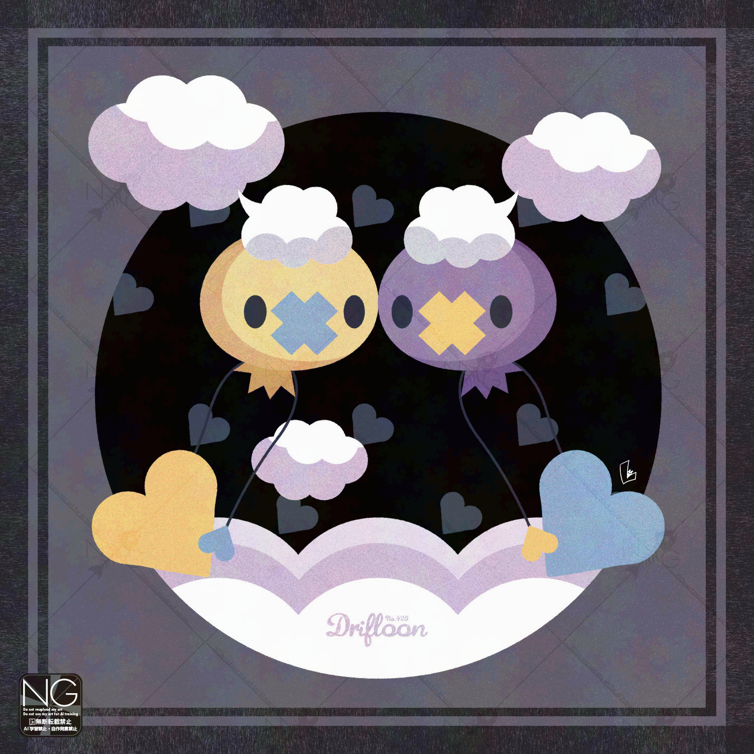 meme (sleepsheep), drifloon, nintendo, pokemon, highres, alternate color, balloon, character name, cloud, gen 4 pokemon, heart, no humans, pokemon (creature), pokemon focus, shiny and normal, shiny pokemon, solid oval eyes