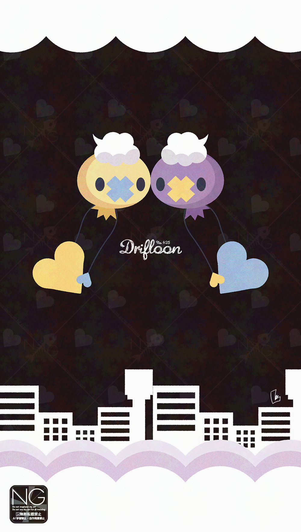 meme (sleepsheep), drifloon, nintendo, pokemon, highres, alternate color, balloon, building, character name, cloud, gen 4 pokemon, heart, no humans, pokemon (creature), pokemon focus, shiny and normal, shiny pokemon, solid oval eyes