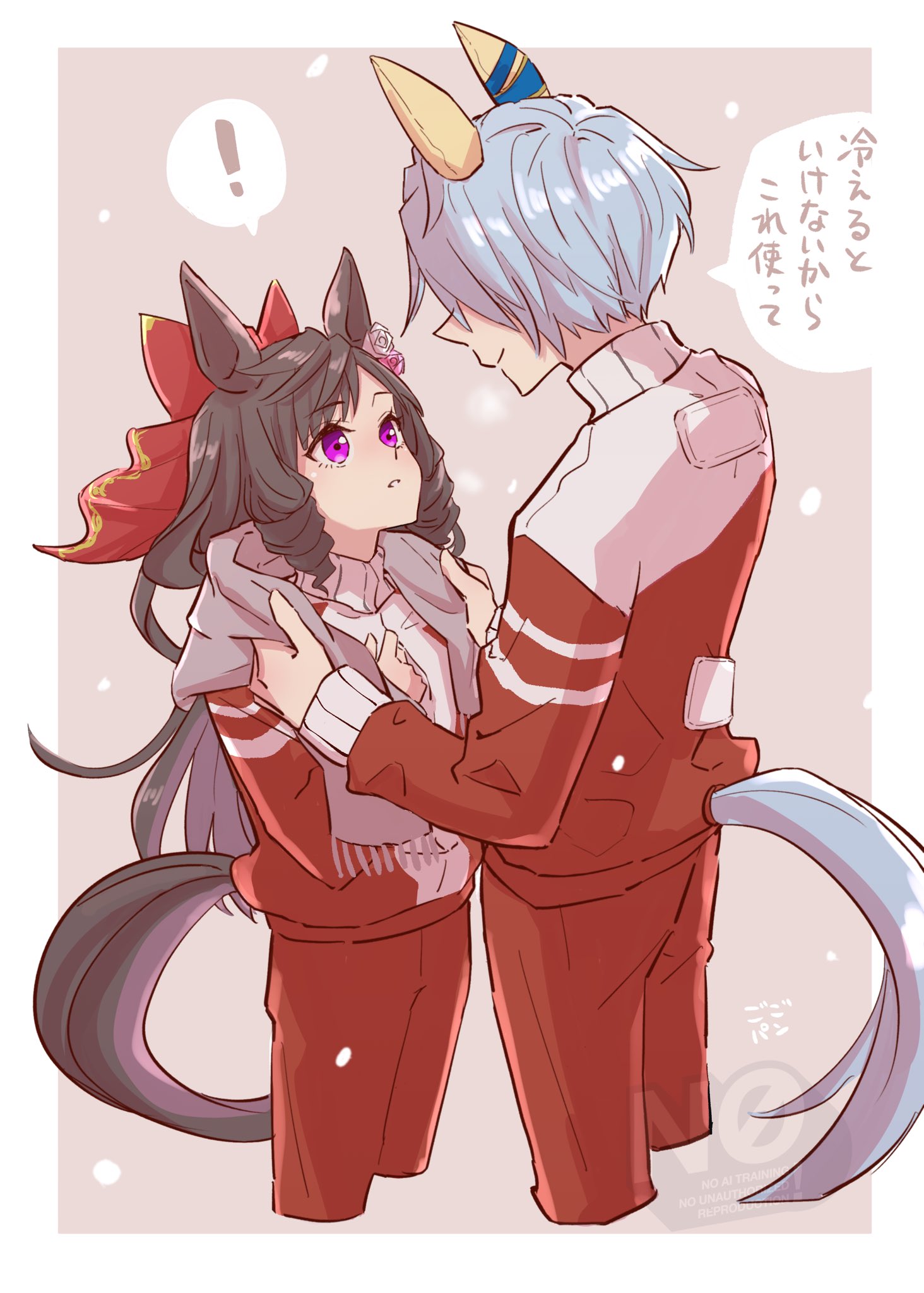 gogono pan'ya, daiichi ruby (umamusume), k.s.miracle (umamusume), umamusume, commentary request, highres, !, 2girls, animal ears, blue hair, blush, bow, braid, brown hair, closed mouth, drill hair, drill sidelocks, ear covers, ear flower, grey scarf, hair between eyes, hair bow, hair ornament, heat pad, height difference, horse ears, horse girl, horse tail, jacket, long hair, long sleeves, looking at another, multiple girls, pants, parted lips, purple eyes, red bow, red jacket, red pants, red track suit, scarf, short hair, sidelocks, smile, speech bubble, spoken exclamation mark, tail, tracen training uniform, track jacket, track pants, track suit, twin drills