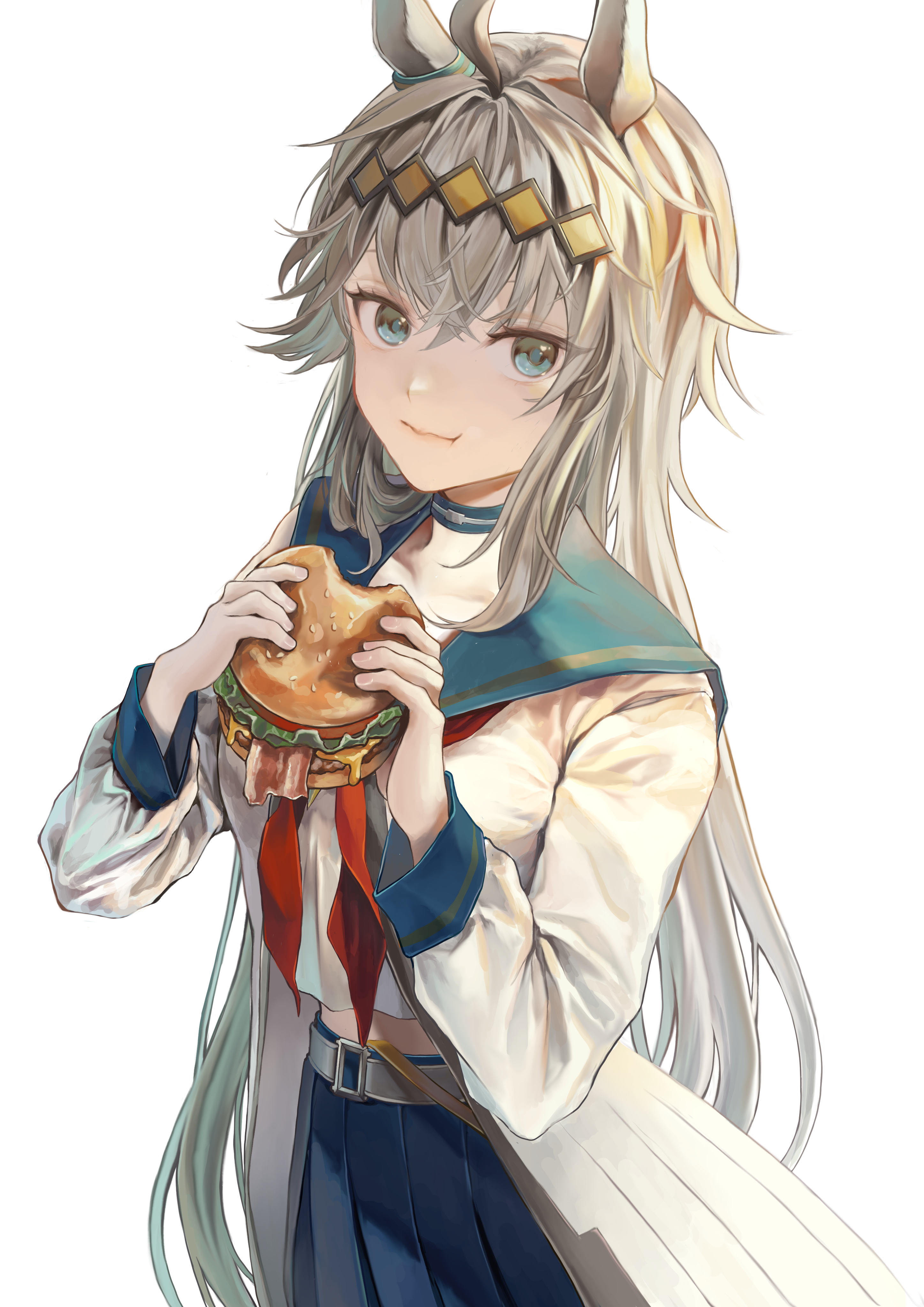 soidaizu soy, oguri cap (starlight beat) (umamusume), oguri cap (umamusume), umamusume, absurdres, commentary request, highres, 1girl, ahoge, animal ears, blue eyes, blue sailor collar, blue skirt, burger, closed mouth, ear ornament, eating, food, grey hair, hair between eyes, hairband, holding, holding burger, holding food, horse ears, horse girl, jacket, long hair, long sleeves, looking at viewer, neckerchief, pleated skirt, red neckerchief, sailor collar, shirt, simple background, skirt, smile, solo, white background, white jacket, white shirt