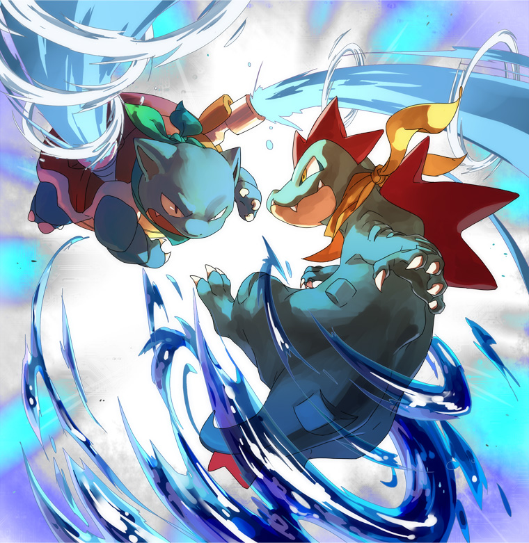 emunise, blastoise, feraligatr, nintendo, pokemon, ascot, bandana, battle, cannon, claws, clothed pokemon, epic, fangs, gen 1 pokemon, gen 2 pokemon, hydro pump, neckerchief, no humans, pokemon (creature), pokemon move, scarf, splashing, water