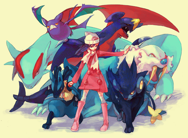 yuko (ymol), crobat, dawn (pokemon), garchomp, lucario, luxray, salamence, walrein, nintendo, pokemon, pokemon dppt, creatures (company), game freak, pokemon (game), white legwear, resized, alternate costume, beanie, blue hair, boots, coat, dragon, gen 2 pokemon, gen 3 pokemon, gen 4 pokemon, hat, kneehighs, long hair, pixiv thumbnail, poke ball, scarf, socks, thighhighs, tusks