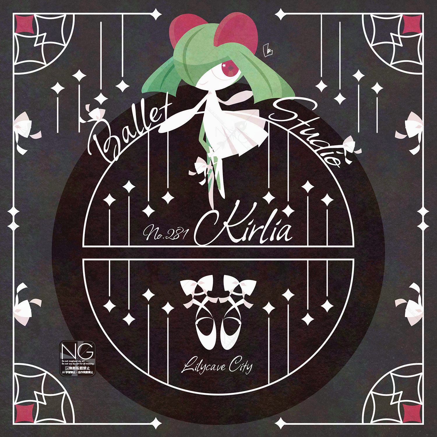 meme (sleepsheep), kirlia, nintendo, pokemon, highres, 1other, ballet slippers, character name, closed mouth, colored skin, gen 3 pokemon, green hair, green skin, looking at viewer, multicolored skin, pokemon (creature), pokemon focus, red eyes, shoes, sidelocks, smile, two-tone skin, white skin