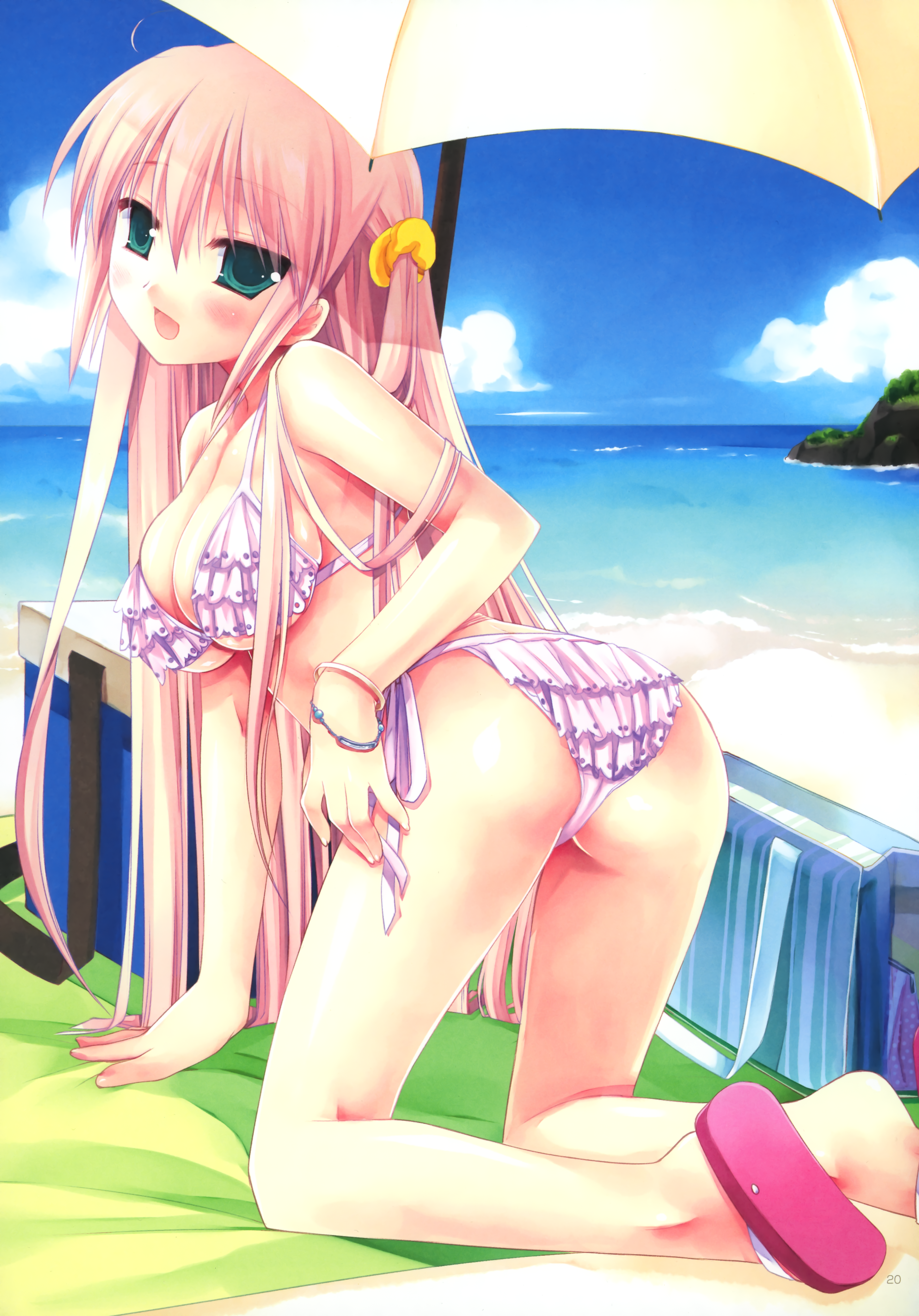 miyasu risa, sonoo koo, sonowo coo, koibito doushi de suru koto zenbu, absurdres, highres, 1girl, ass, beach, bent over, bikini, blush, breasts, cleavage, day, female focus, flip-flops, frilled bikini, frills, green eyes, large breasts, long hair, pink hair, sandals, side-tie bikini bottom, solo, swimsuit, umbrella, underboob, white bikini