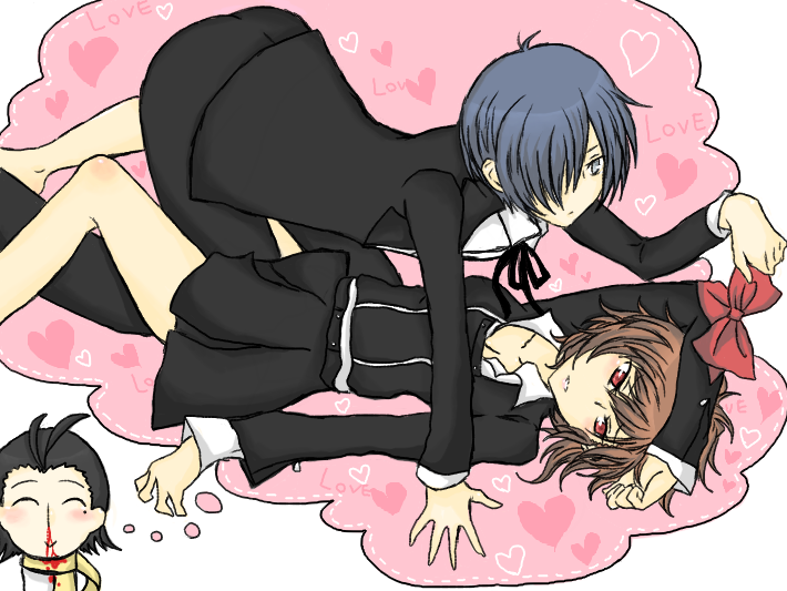 mochizuki ryouji, shiomi kotone, yuuki makoto (persona 3), atlus, maria holic, persona, persona 3, persona 3 portable, 1girl, 2boys, ^ ^, black hair, blood, blue eyes, blue hair, bow, brown hair, closed eyes, hair over one eye, heart, imagining, lying, multiple boys, nosebleed, parody, red eyes, ribbon, scarf, school uniform, smile