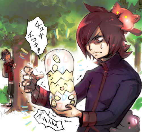 manmanman, ditto, ethan (pokemon), hoppip, silver (pokemon), togepi, nintendo, pokemon, pokemon hgss, lowres, 00s, 2boys, ^ ^, closed eyes, constricted pupils, forest, gen 1 pokemon, gen 2 pokemon, grass, hiding, multiple boys, nature, pokemon (creature), red eyes, red hair, smile, tree, trembling