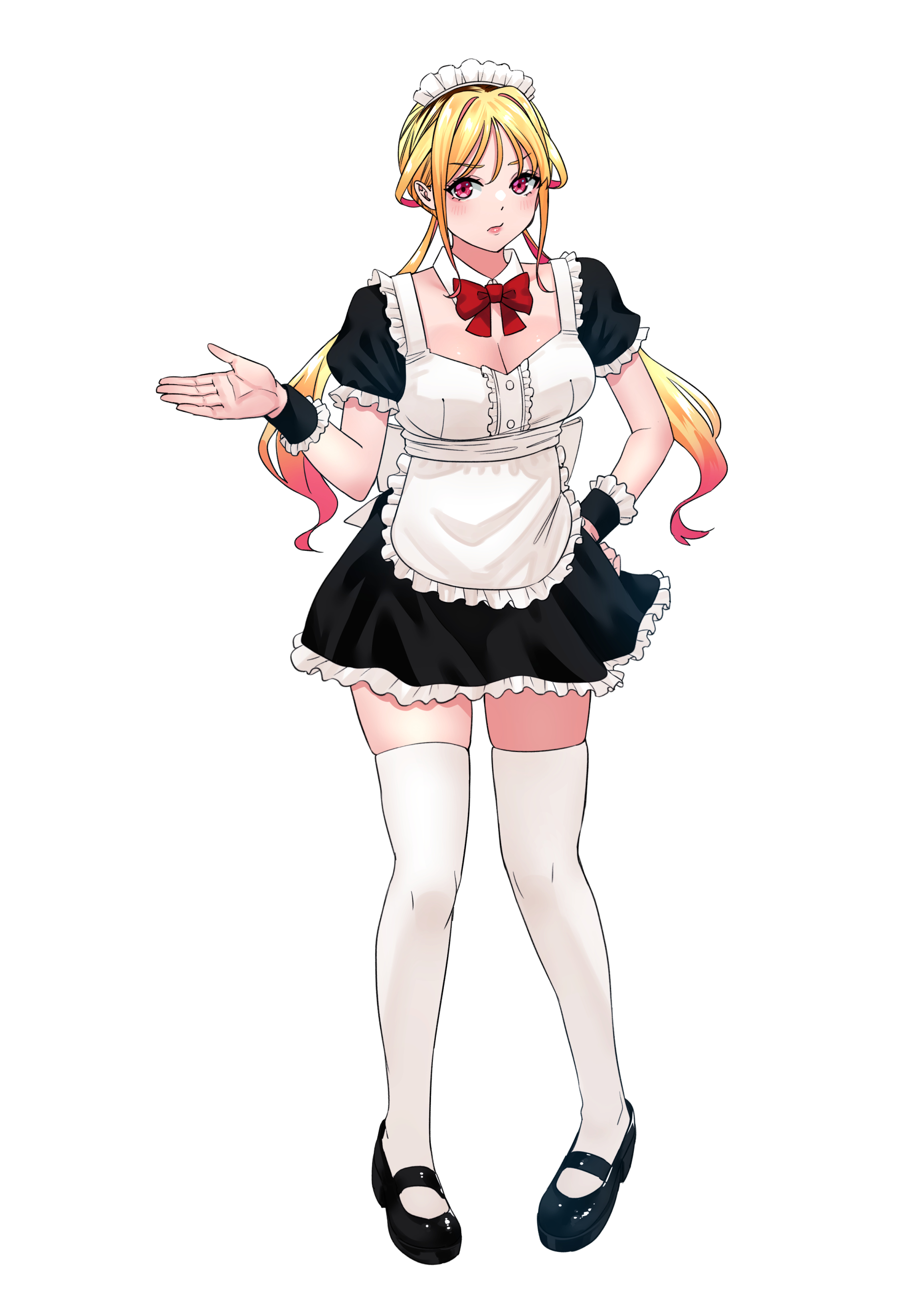 shinjou takuya, kusunoki aroma, sawaranaide kotesashi-kun, absurdres, hashtag-only commentary, highres, 1girl, alternate costume, apron, black dress, black shoes, black wrist cuffs, blonde hair, bow, bowtie, breasts, cleavage, closed mouth, detached collar, dress, enmaided, frilled wrist cuffs, frills, full body, gradient hair, hand on own hip, long hair, looking at viewer, maid, maid apron, mary janes, medium breasts, multicolored hair, pink eyes, pink hair, red bow, red bowtie, shoes, short dress, short sleeves, simple background, solo, standing, tachi-e, thighhighs, twintails, twintails day, white apron, white background, white thighhighs, wrist cuffs