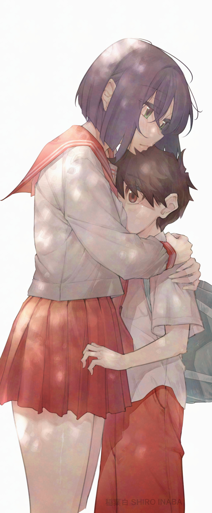 inaba makoto, koushinchou no kouhai to teishinchou no senpai ga renai ni hatten suru made, adversarial noise, commentary request, highres, 1boy, 1girl, artist name, backpack, bag, brown eyes, brown hair, cowboy shot, green eyes, height difference, hetero, hug, koeda yuki (koushinchou no kouhai to teishinchou no senpai ga renai ni hatten suru made), long sleeves, oohara misaki (koushinchou no kouhai to teishinchou no senpai ga renai ni hatten suru made), pants, pleated skirt, purple hair, red pants, red sailor collar, red skirt, sailor collar, school uniform, serafuku, shirt, short hair, shorter male, simple background, skirt, standing, tall female, white background, white shirt