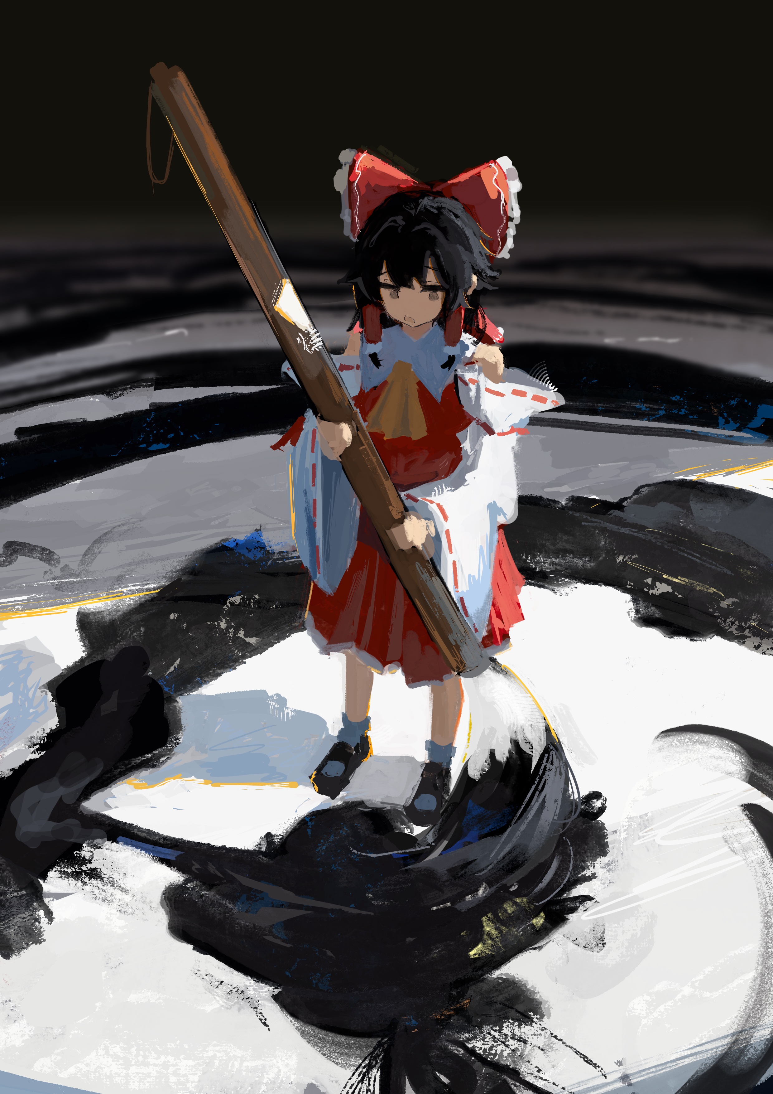 koukouya, hakurei reimu, touhou, absurdres, commentary request, highres, 1girl, ascot, black hair, black shoes, bow, calligraphy, calligraphy brush, detached sleeves, frilled bow, frilled hair tubes, frilled skirt, frills, full body, hair bow, hair tubes, holding, holding calligraphy brush, holding paintbrush, long hair, mary janes, oversized object, paintbrush, red bow, red skirt, ribbon-trimmed sleeves, ribbon trim, shoes, skirt, skirt set, socks, solo, white socks, yellow ascot