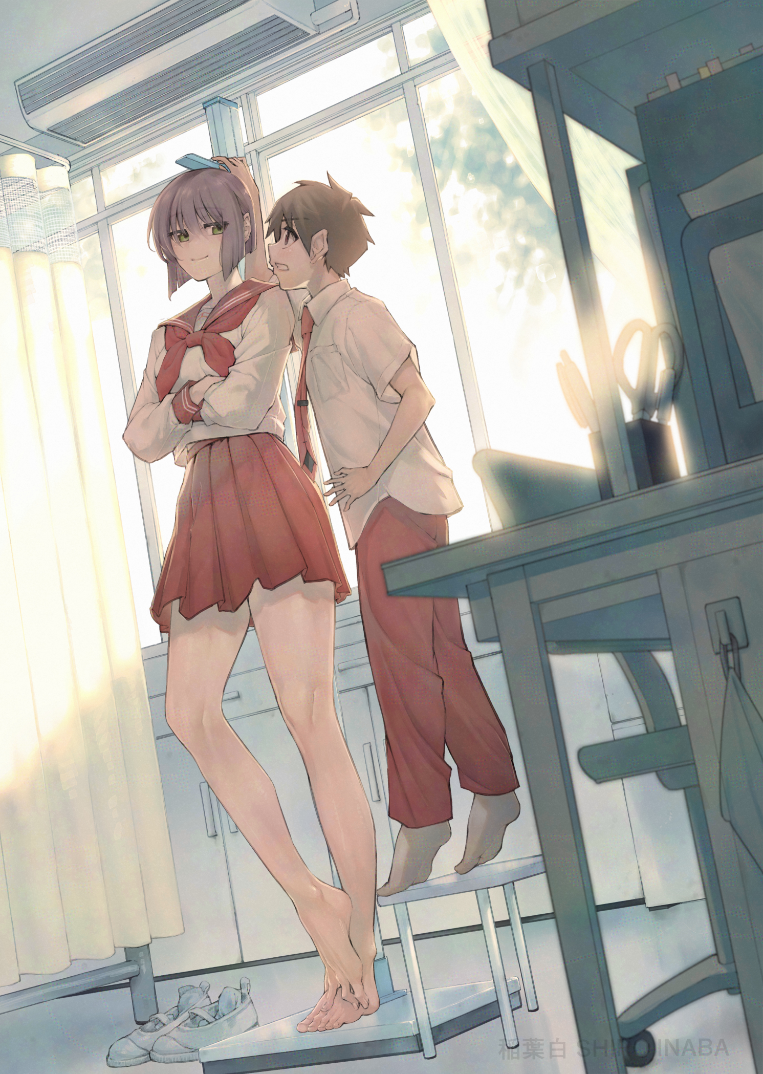 inaba makoto, koushinchou no kouhai to teishinchou no senpai ga renai ni hatten suru made, adversarial noise, commentary request, commission, highres, skeb commission, 1boy, 1girl, air conditioner, bare legs, barefoot, brown hair, closed mouth, crossed arms, green eyes, height difference, indoors, koeda yuki (koushinchou no kouhai to teishinchou no senpai ga renai ni hatten suru made), long sleeves, measuring, necktie, no shoes, oohara misaki (koushinchou no kouhai to teishinchou no senpai ga renai ni hatten suru made), pants, pleated skirt, purple hair, red necktie, red pants, red sailor collar, red skirt, sailor collar, school uniform, serafuku, shirt, shoes, short hair, short male, short sleeves, shorter male, skirt, smile, smug, socks, standing, tall female, unworn shoes, uwabaki, white shirt, window