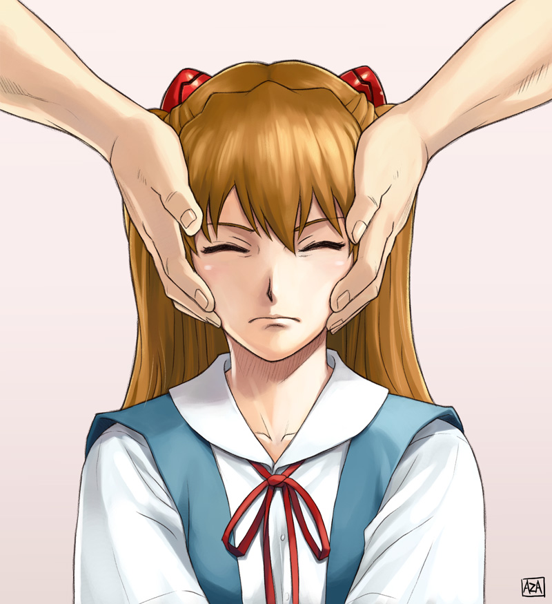 azasuke, souryuu asuka langley, neon genesis evangelion, 1girl, closed eyes, closed mouth, female focus, frown, headgear, long hair, long sleeves, orange hair, school uniform, serafuku, solo, solo focus, very long hair, wince