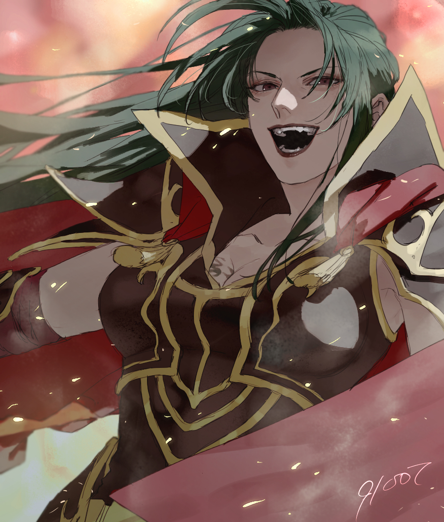 91007, petrine (fire emblem), fire emblem, fire emblem: path of radiance, nintendo, commentary request, 1girl, armor, black armor, black lips, breasts, cleavage, earrings, green hair, jewelry, large breasts, lipstick, long hair, makeup, purple eyes, solo