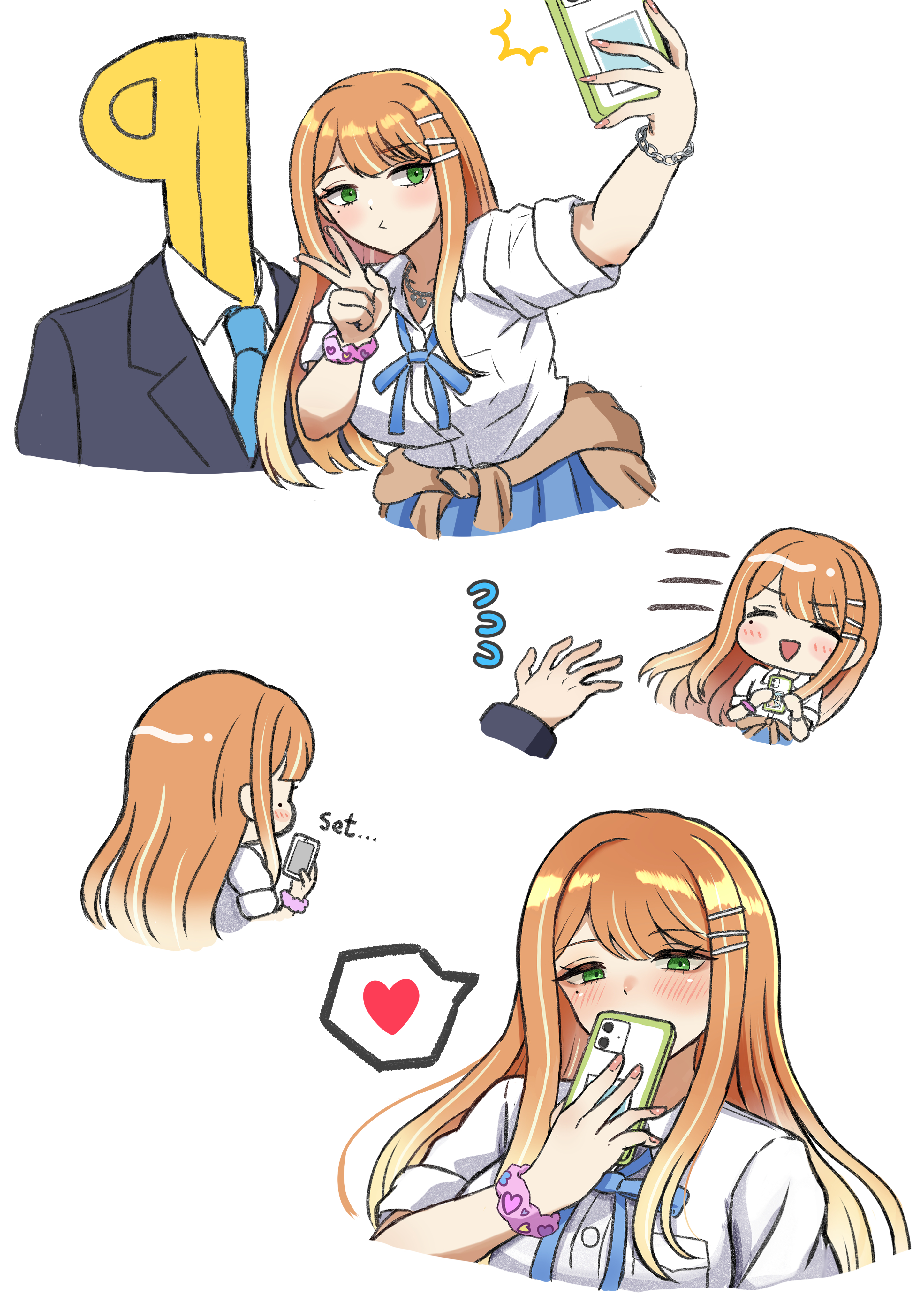 latte (a nextsystem), p-head producer, producer (idolmaster), shiun sumika, gakuen idolmaster, idolmaster, absurdres, commentary request, highres, 1boy, 1girl, blue ribbon, blue skirt, blush, brown cardigan, cardigan, cardigan around waist, cellphone, clothes around waist, flying sweatdrops, green eyes, gyaru, hatsuboshi gakuen school uniform, heart, holding, holding phone, kogal, long hair, loose neck ribbon, mole, mole under eye, neck ribbon, orange hair, phone, ribbon, school uniform, scrunchie, selfie, shirt, simple background, skirt, smartphone, spoken heart, straight hair, very long hair, white background, white shirt, wrist scrunchie