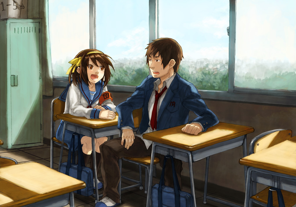 fukutarou (enji127), kyon, suzumiya haruhi, suzumiya haruhi no yuuutsu, 1boy, 1girl, bag, blouse, cityscape, classroom, collared shirt, desk, hair ribbon, indoors, necktie, ribbon, school, school bag, school desk, school uniform, serafuku, shirt, sitting, spread legs, white shirt, wide spread legs, window
