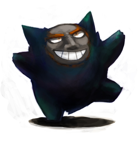 tori-kei, ganondorf, gengar, nintendo, pokemon, the legend of zelda, bad id, bad pixiv id, company connection, crossover, gen 1 pokemon, ghost, grin, happy, no humans, pokemon (creature), simple background, smile, solo, white background