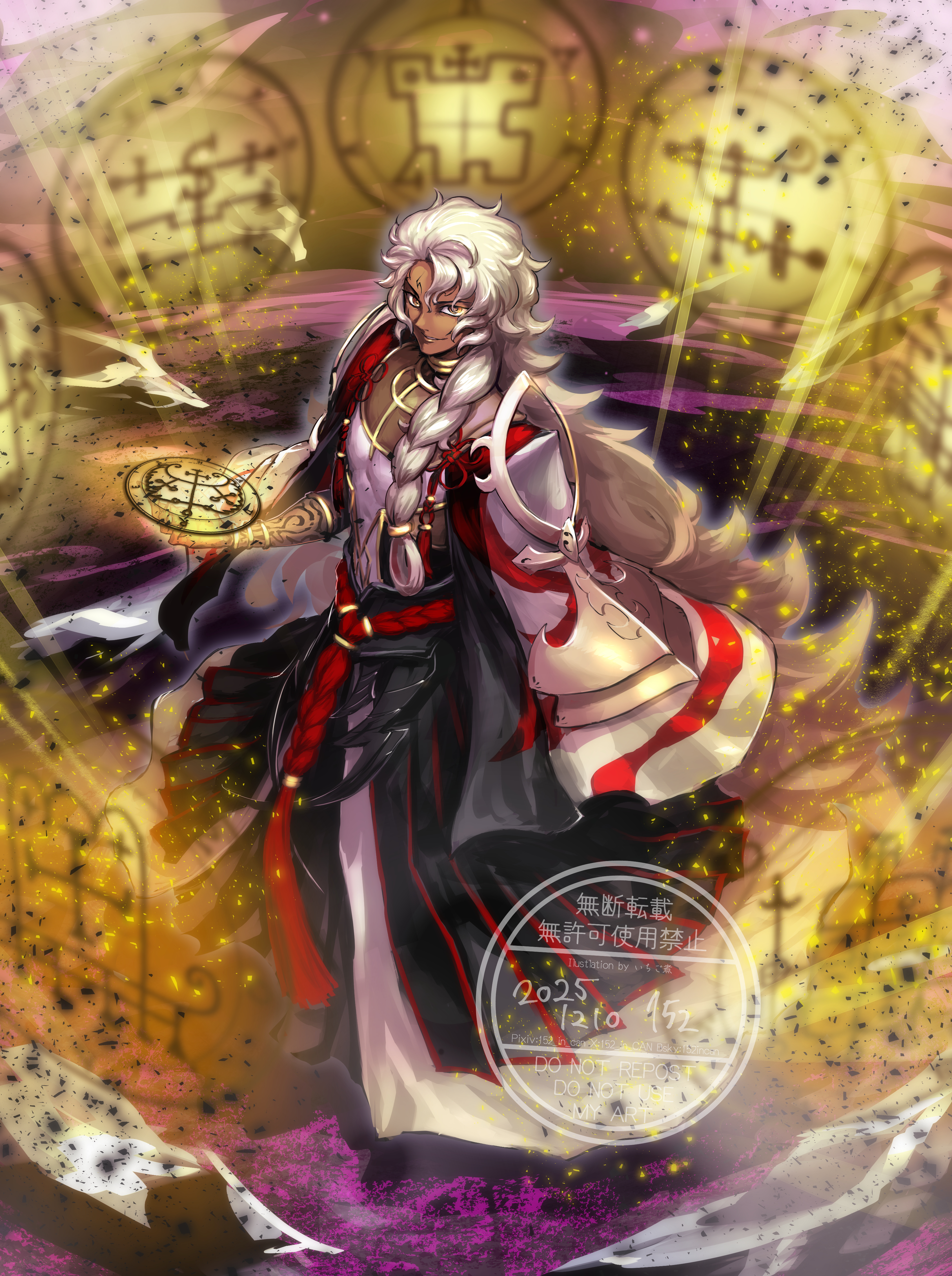 152 in can, solomon (fate), fate/grand order, fate (series), absurdres, commentary request, highres, 1boy, bracelet, braid, dark-skinned male, dark skin, gold choker, hair between eyes, jewelry, long hair, long sleeves, magic circle, male focus, neck ring, robe, single braid, smile, solo, tattoo, very long hair, white hair, yellow eyes