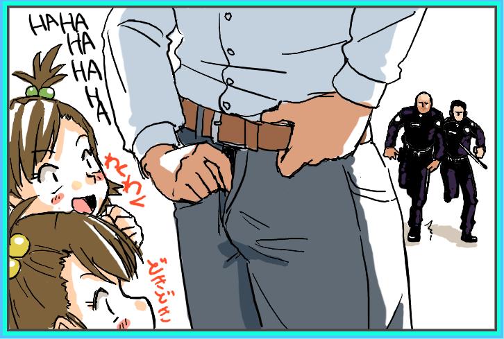 futami ami, futami mami, idolmaster, idolmaster (classic), 2girls, 3boys, blush, border, excited, laughing, loli, multiple boys, multiple girls, open mouth, pants, police, police uniform, policeman, running, shirt, short hair, siblings, side ponytail, sisters, twins, unzipping