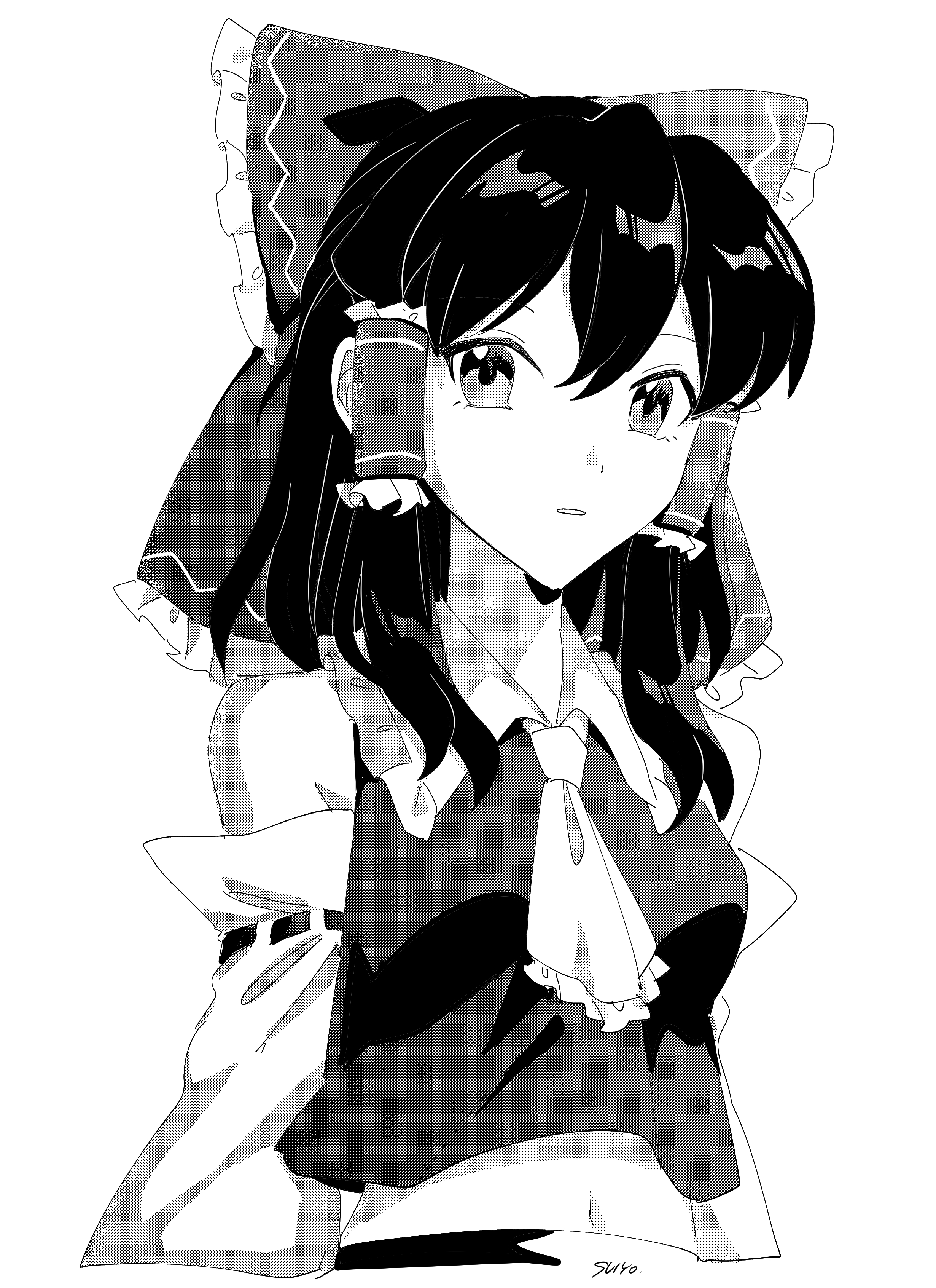 uehara suiyo, hakurei reimu, touhou, absurdres, commentary request, highres, 1girl, artist name, ascot, bow, breasts, detached sleeves, frilled bow, frilled hair tubes, frills, greyscale, hair bow, hair tubes, long hair, medium breasts, midriff, monochrome, navel, open mouth, ribbon-trimmed sleeves, ribbon trim, solo