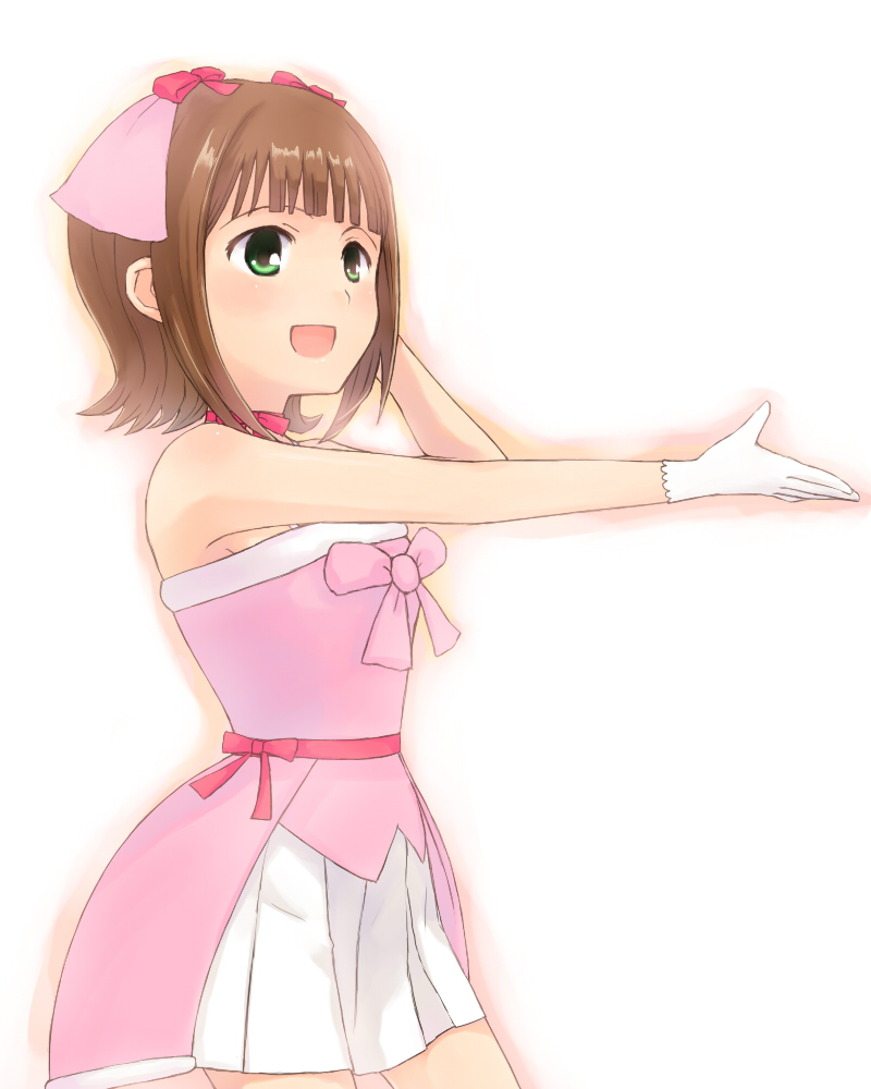 himetsuba, amami haruka, idolmaster, idolmaster (classic), md5 mismatch, resolution mismatch, source smaller, 1girl, bow, brown hair, cute & girly (idolmaster), female focus, gloves, green eyes, hair bow, hair ribbon, open mouth, ribbon, short hair, skirt, smile, solo