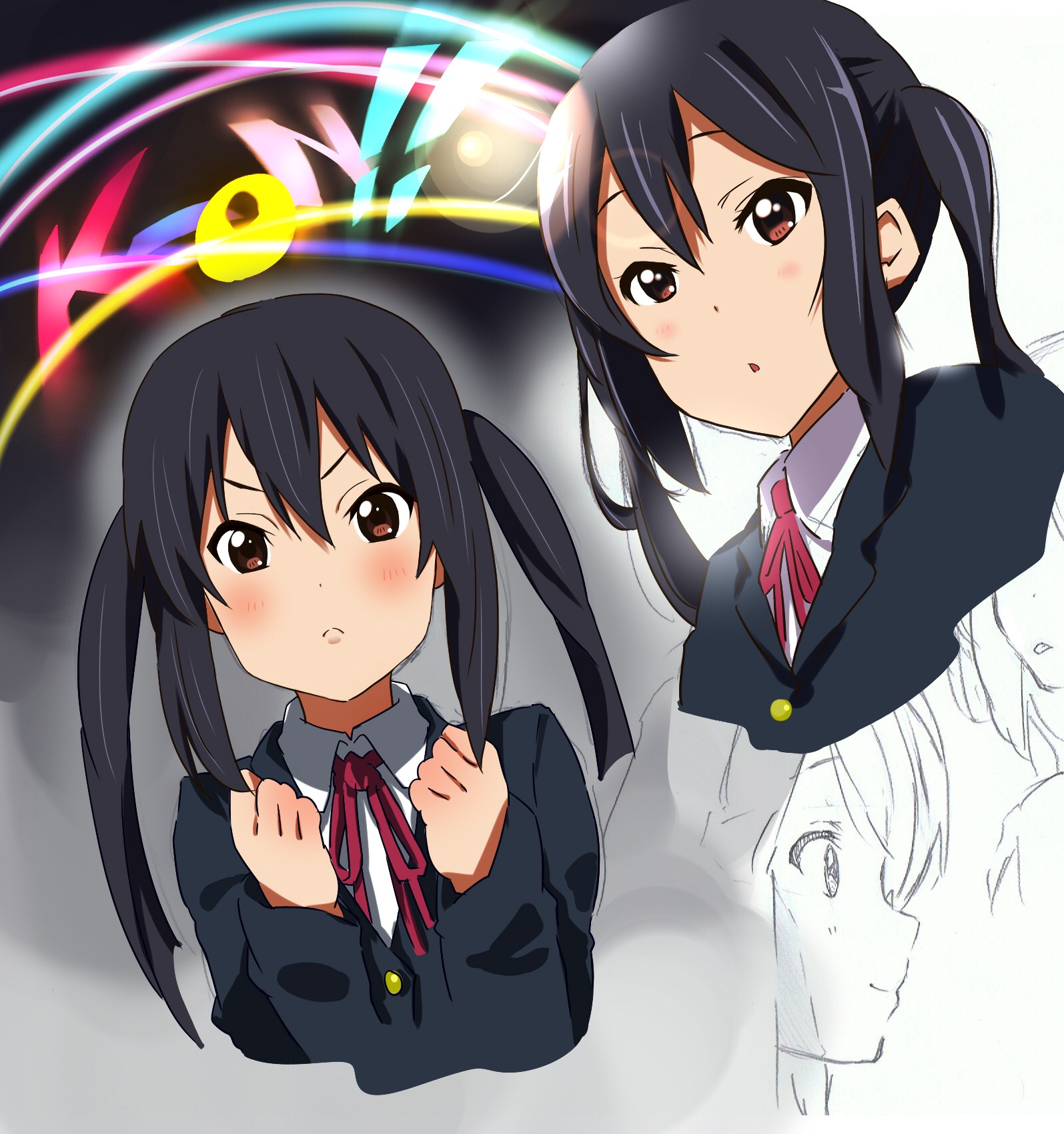 kirisawa saki, nakano azusa, k-on!, bad id, bad pixiv id, highres, 1girl, black hair, long hair, multiple expressions, neck ribbon, red ribbon, ribbon, school uniform, twintails