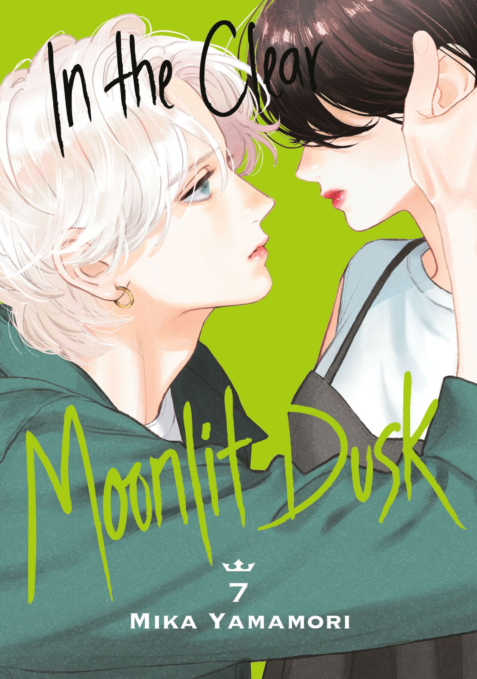mika yamamori, takiguchi yoi, uruwashi no yoi no tsuki, commentary, english commentary, highres, 1boy, 1girl, androgynous, artist name, black dress, brown hair, copyright name, couple, cover, cover page, dress, earrings, english text, green background, green eyes, green jacket, hand on another's cheek, hand on another's face, hetero, ichimaru kohaku, jacket, jewelry, lips, looking at another, manga cover, numbered, obscured eyes, red lips, shirt, short hair, simple background, t-shirt, white hair, white shirt