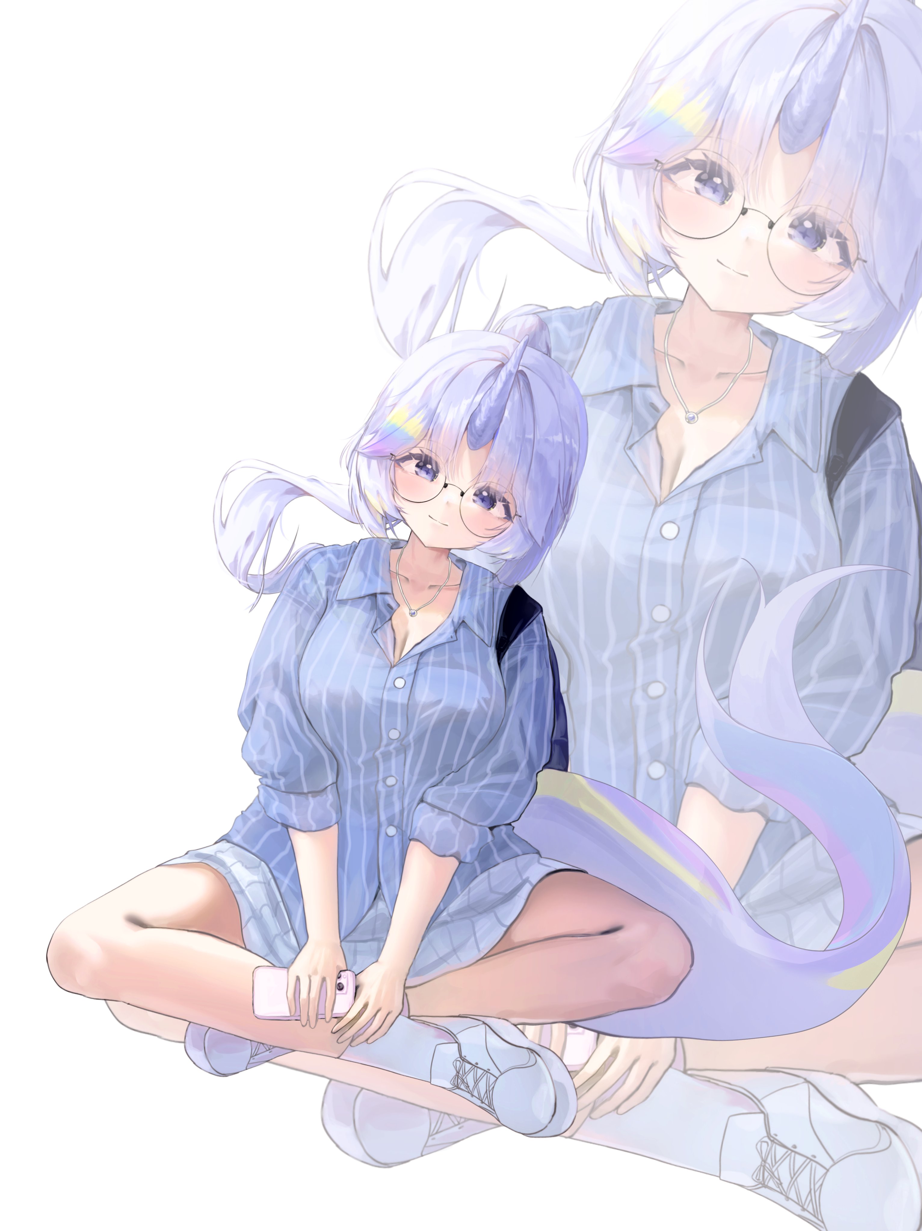 ayatsuno yuni, stellive, absurdres, commentary request, highres, korean commentary, 1girl, blue shirt, breasts, cellphone, cleavage, closed mouth, collared shirt, floating hair, full body, glasses, grey hair, holding, holding phone, indian style, ipipi owo, jewelry, large breasts, long hair, looking at viewer, miniskirt, necklace, phone, pleated skirt, purple eyes, round eyewear, shirt, shoes, sitting, skirt, smartphone, sneakers, socks, solo, striped clothes, striped shirt, tail, three-quarter sleeves, unicorn horn, vertical-striped clothes, vertical-striped shirt, virtual youtuber, white background, white shoes, white skirt, white socks, wing collar, zoom layer