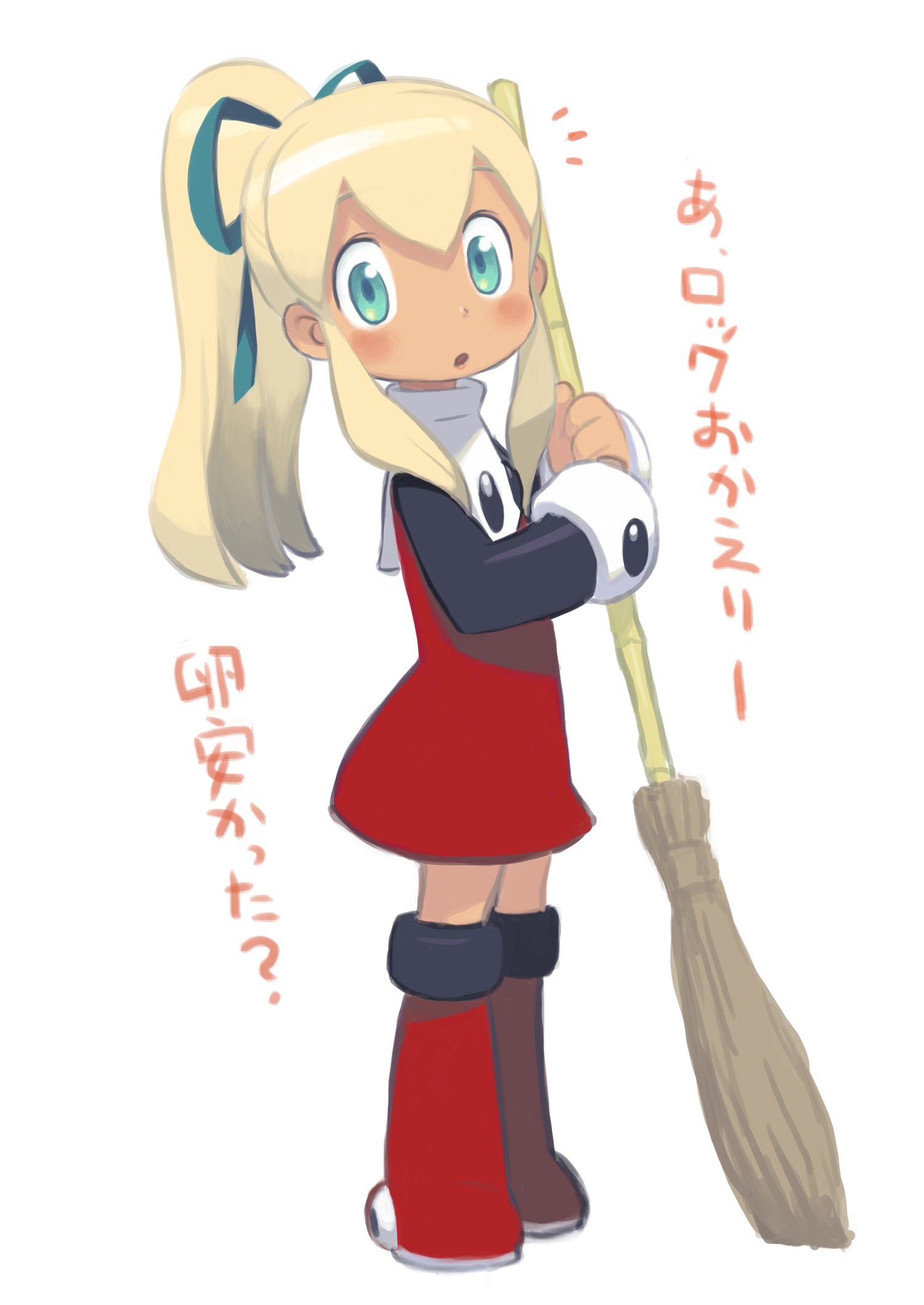 ishikawa hideki, roll (mega man), capcom, mega man (classic), mega man (series), highres, translated, 1girl, ^^^, blonde hair, boots, broom, child, dress, female focus, green eyes, hair ribbon, knee boots, long hair, ponytail, red skirt, ribbon, skirt, solo
