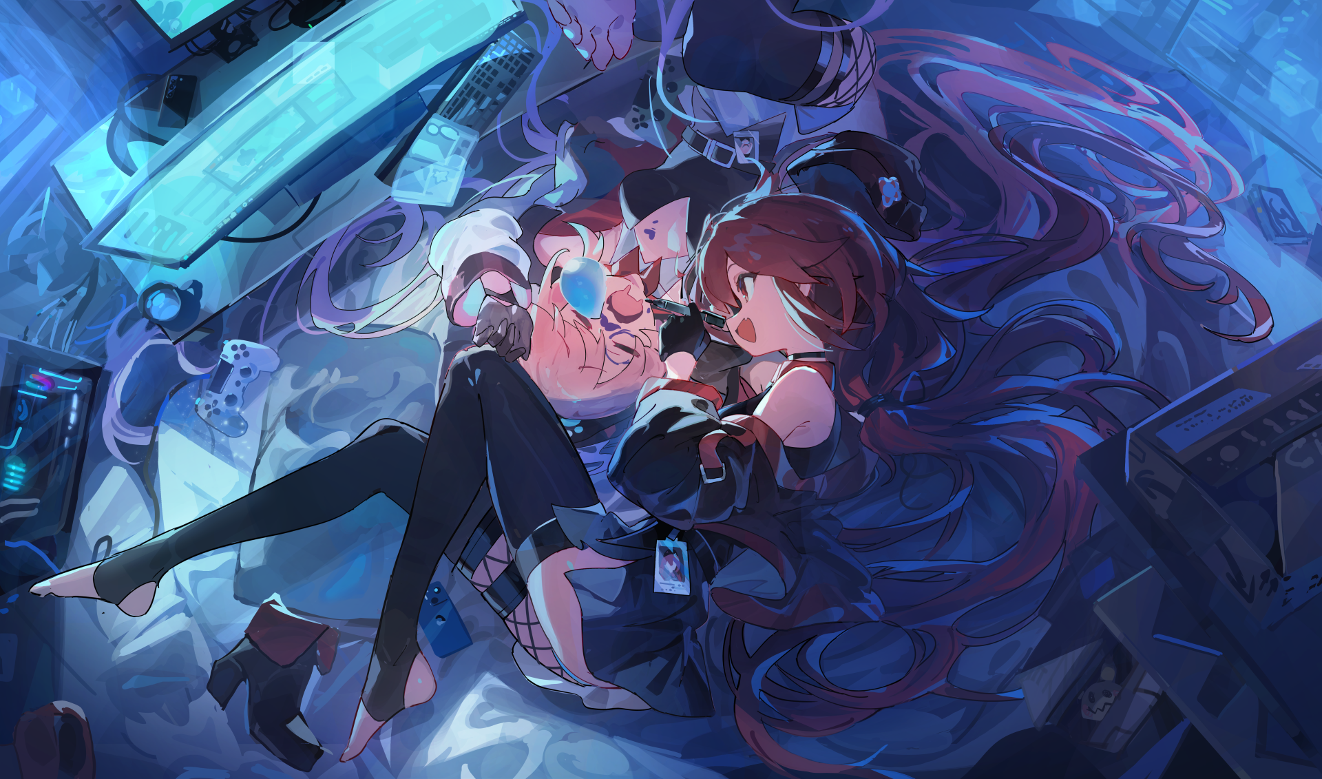 k3nzoteruta, indie virtual youtuber, commentary, english commentary, highres, 2girls, bare shoulders, bed, black dress, black gloves, black skirt, black thighhighs, breasts, brown hair, computer keyboard, drawing on another's face, dress, fang, gloves, halterneck, indoors, living room, long hair, lying, medium breasts, monitor, multiple girls, night, on back, on bed, on side, open mouth, pink hair, red eyes, scenery, senadina (vtuber), skirt, sleeping, stirrup legwear, thighhighs, toeless legwear, very long hair, virtual youtuber
