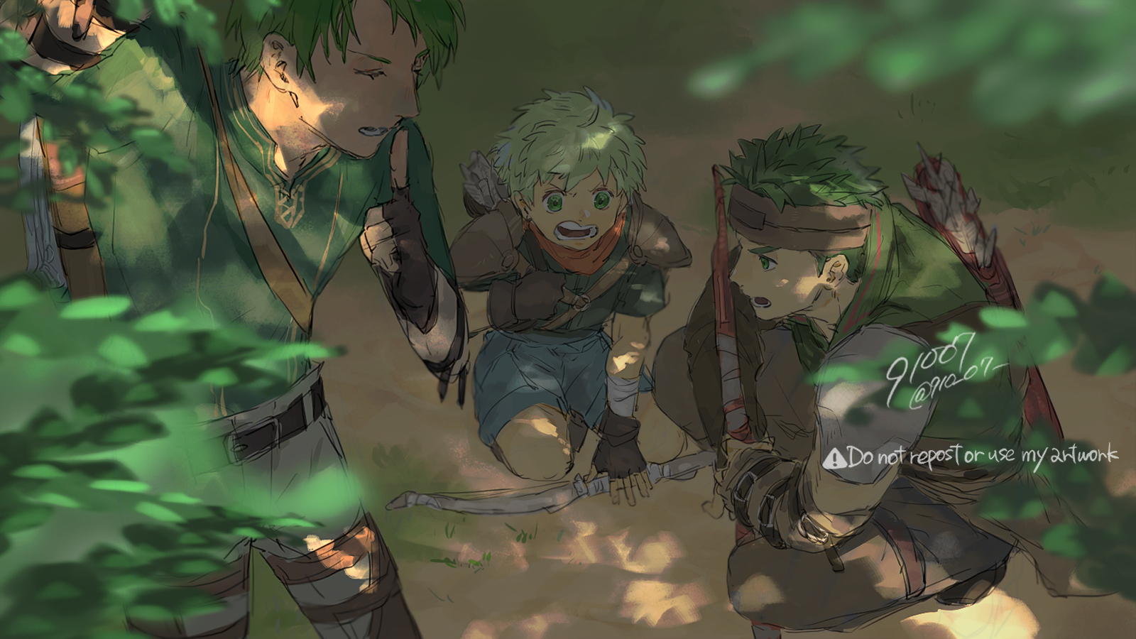 91007, boyd (fire emblem), oscar (fire emblem), rolf (fire emblem), fire emblem, fire emblem: path of radiance, nintendo, commentary request, highres, 3boys, arrow (projectile), bow (weapon), closed eyes, fingerless gloves, gloves, green eyes, green hair, multiple boys, open mouth, quill, weapon