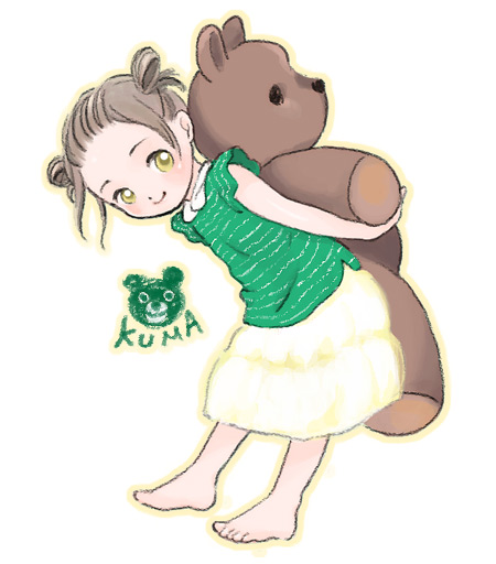 kicham, original, bad id, bad pixiv id, 1girl, barefoot, brown hair, child, female focus, full body, hair up, skirt, solo, stuffed animal, stuffed toy, teddy bear, white background, yellow eyes