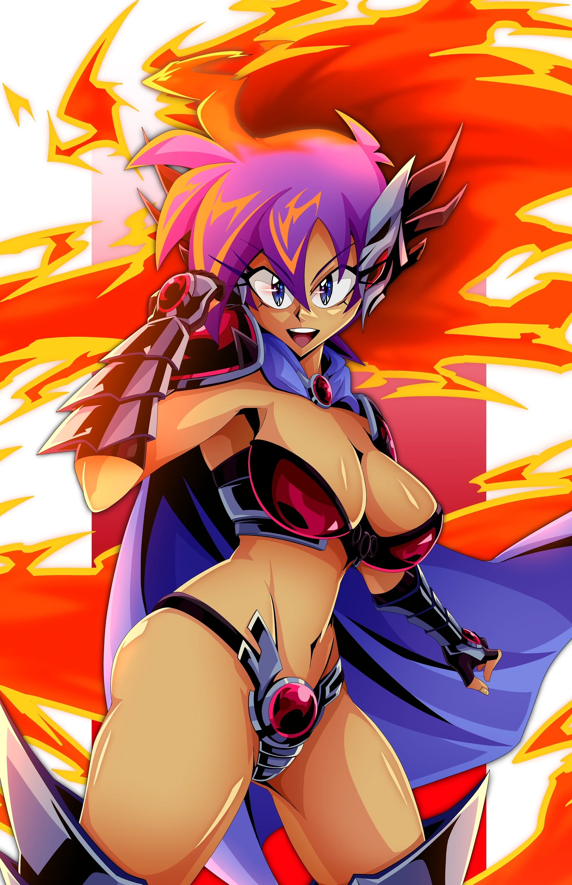 andoryu anzuru, shantae, shantae (sizzle armor), shantae (series), shantae advance: risky revolution, wayforward, absurdres, commentary, english commentary, highres, 1girl, alternate costume, alternate hair color, alternate hairstyle, arm up, armor, ass, bikini armor, blue cape, blue eyes, boots, breasts, cape, clenched hands, collarbone, dark-skinned female, dark skin, earpiece, female focus, fiery hair, full body, gauntlets, long hair, looking at viewer, miniskirt, multicolored hair, official alternate costume, shoulder armor, skirt, solo, thong, very long hair