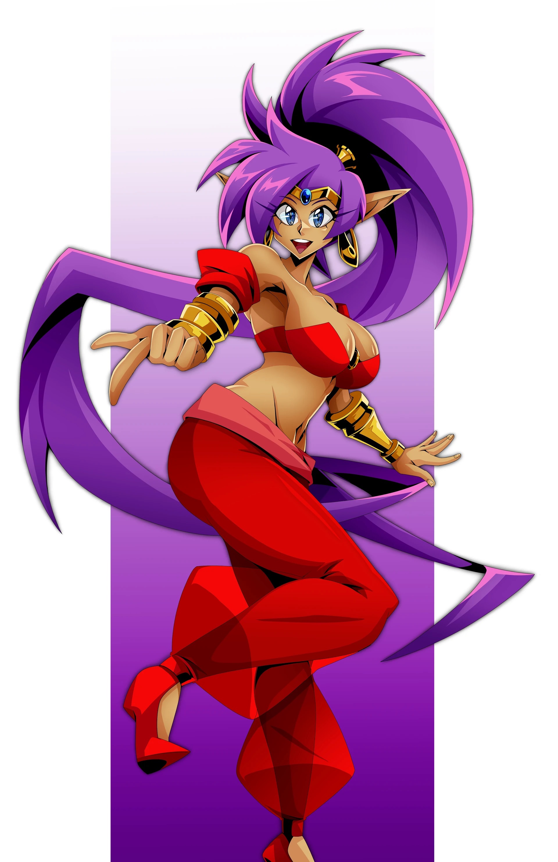 andoryu anzuru, shantae, shantae (series), shantae advance: risky revolution, wayforward, absurdres, commentary, english commentary, highres, 1girl, 2025, armpits, bare shoulders, blue eyes, border, bra, breasts, character name, cleavage, collarbone, dark-skinned female, dark skin, earrings, female focus, foot out of frame, gold choker, gradient background, groin, happy, harem outfit, harem pants, high heels, jewelry, knee up, large breasts, leg up, long hair, looking at viewer, midriff, narrow waist, navel, open hands, open mouth, outside border, pants, pointy ears, purple background, purple hair, red bra, red pants, red shoes, shiny skin, shoes, solo, standing, standing on one leg, strapless, teeth, thick thighs, thighs, tiara, title, tube top, underwear, upper teeth only, vambraces, very long hair, white border
