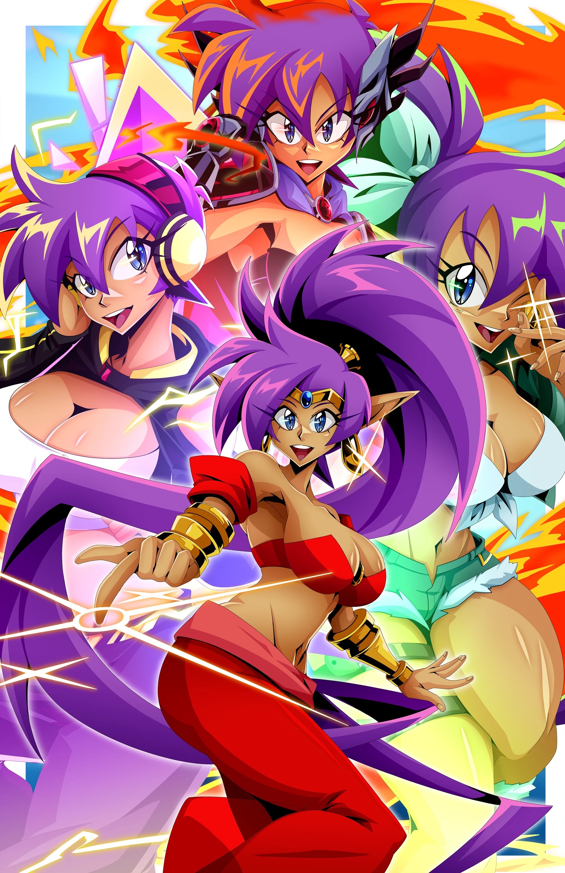 andoryu anzuru, high voltage shantae, shantae, shantae (relic hunter), shantae (sizzle armor), shantae (series), shantae advance: risky revolution, wayforward, absurdres, commentary, english commentary, highres, 1girl, 2025, alternate costume, alternate hair color, alternate hairstyle, arm up, armor, armpits, arms up, bare legs, bare shoulders, bike shorts, bikini armor, black shoes, blue cape, blue eyes, boots, bra, breasts, cape, character name, cleavage, clenched hands, clothing cutout, collarbone, crop top, cropped hoodie, cropped jacket, curvy, dark-skinned female, dark skin, earpiece, earrings, electricity, female focus, fiery hair, full body, gauntlets, gold choker, green jacket, green shorts, groin, hand on headphones, harem outfit, harem pants, headphones, high ponytail, holographic hair, hood, hoodie, index finger raised, jacket, jewelry, large breasts, leg up, long hair, looking at viewer, midriff, miniskirt, multicolored hair, multiple views, narrow waist, navel, official alternate costume, one eye closed, open hands, open mouth, pants, panty straps, pointy ears, ponytail, purple hair, red bra, red pants, red shoes, shiny skin, shirt, shoes, short shorts, shorts, shoulder armor, shoulder cutout, skirt, smile, solo, standing, standing on one leg, strapless, thick thighs, thighs, thong, tiara, tied shirt, title, tube top, underwear, vambraces, very long hair, white background, wide hips