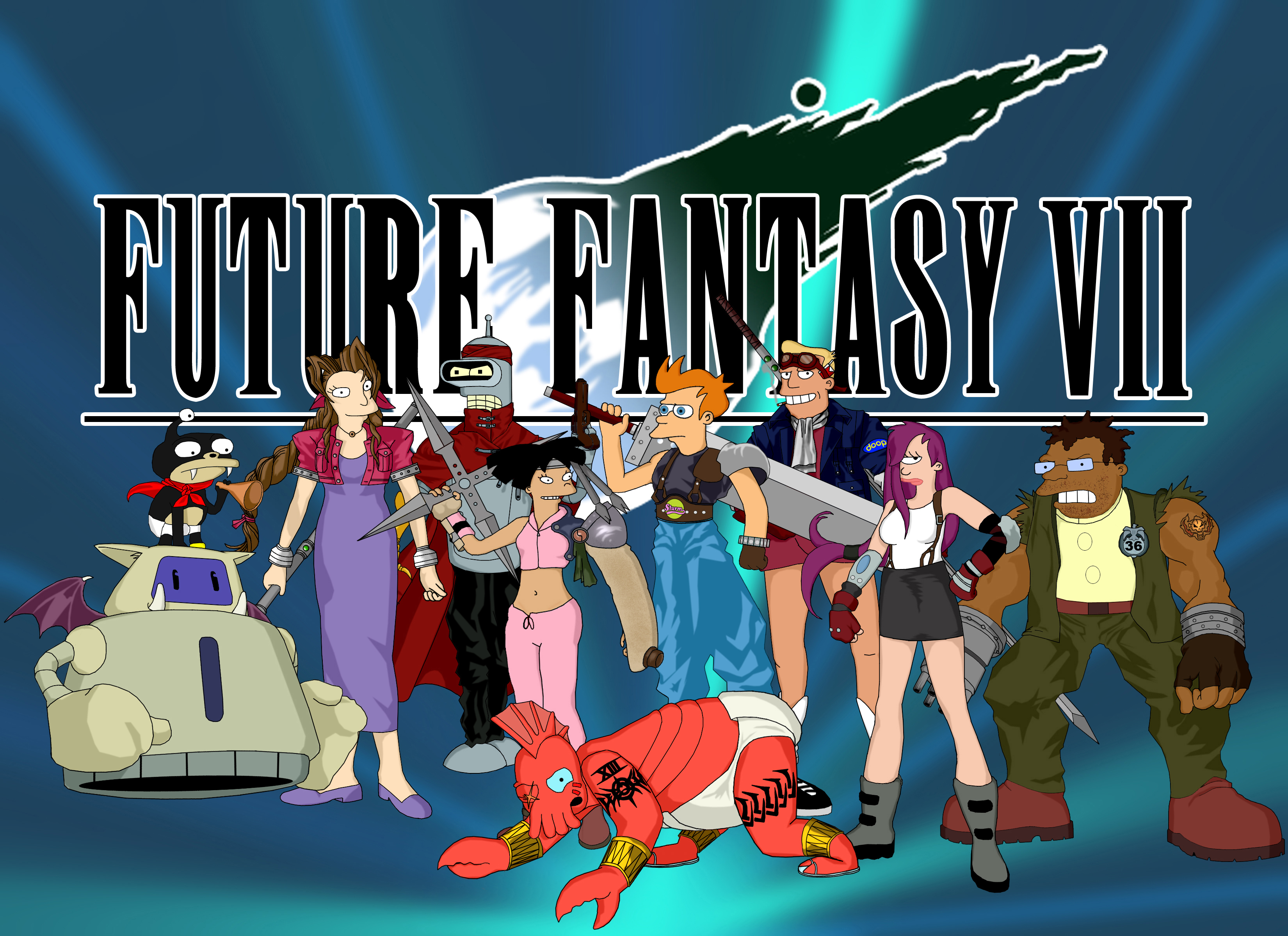 aerith gainsborough, amy wong, barret wallace, bender bending rodriguez, cait sith (final fantasy), cid highwind, cloud strife, hermes conrad, john a zoidberg, michelle (futurama), nibbler, philip j fry, red xiii, robot 1-x, tifa lockhart, turanga leela, vincent valentine, yuffie kisaragi, zapp brannigan, final fantasy, final fantasy vii, futurama, blade, eyebrows, purple footwear, absurdres, artist request, highres, source request, 3boys, 3girls, aerith gainsborough (cosplay), all fours, anklet, bad anatomy, barret wallace (cosplay), black eyes, black hair, blue eyes, blue sclera, boots, bracelet, braid, breasts, brown hair, cait sith (cosplay), cid highwind (cosplay), claws, cloud strife (cosplay), colored sclera, cosplay, crossover, cyclops, dark-skinned male, dark skin, diaper, dress, eyelashes, facial hair, fangs, full body, glasses, gloves, holding, jewelry, long hair, medium breasts, multiple boys, multiple girls, muscular, navel, one-eyed, orange hair, pants, parody, pink lips, pink pants, poorly drawn, purple hair, red xiii (cosplay), roman numeral, sandals, shoes, small breasts, standing, stubble, sword, tattoo, teeth, text focus, tifa lockhart (cosplay), torn clothes, vincent valentine (cosplay), weapon, wings, yuffie kisaragi (cosplay), zipper