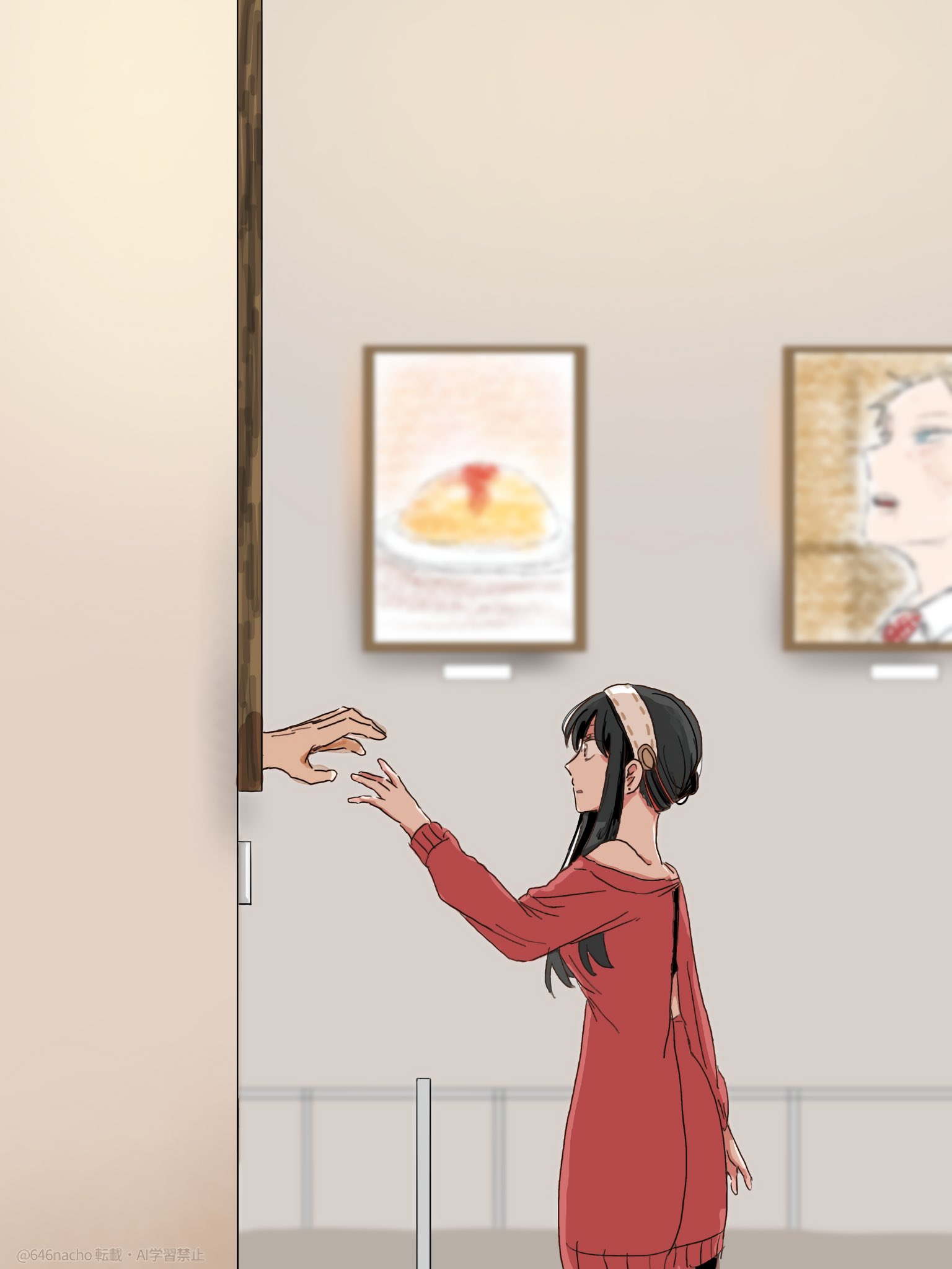 646nacho, twilight (spy x family), yor briar, spy x family, highres, 1boy, 1girl, bare shoulders, black hair, blonde hair, blush, breasts, couple, dress, earrings, hairband, hetero, husband and wife, jewelry, large breasts, long hair, red sweater, shirt, short hair, simple background, sweater