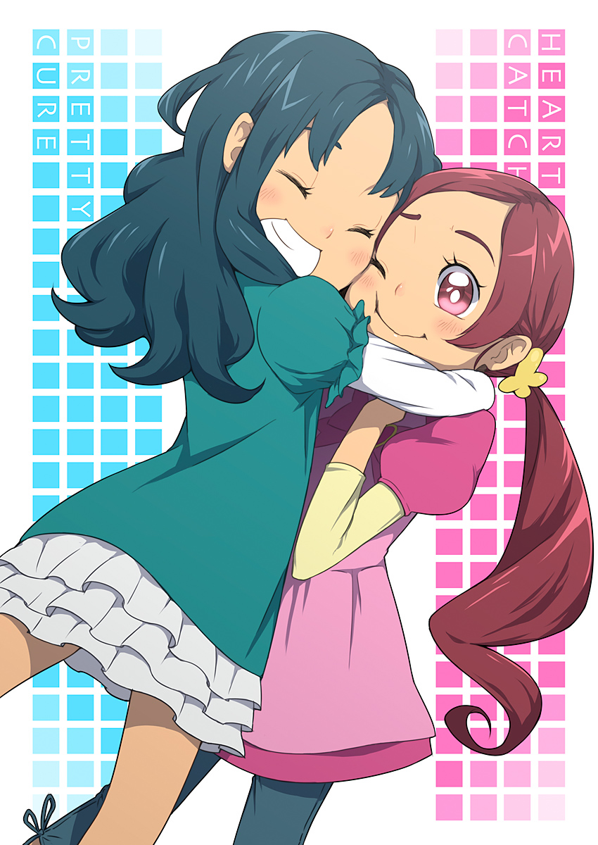 ukokkei, hanasaki tsubomi, kurumi erika, heartcatch precure!, precure, highres, 10s, 2girls, ^ ^, blue hair, blush, closed eyes, dress, eyelashes, grin, hair ornament, hug, long hair, multiple girls, pink eyes, red hair, smile, twintails