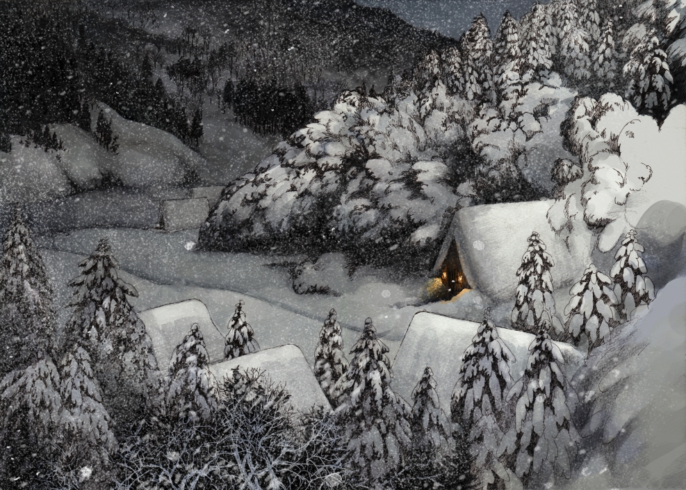 kui ryouko, rib roast (artist), original, bad id, bad pixiv id, house, lamp, landscape, mountain, scenery, snow, snowing, tree, village