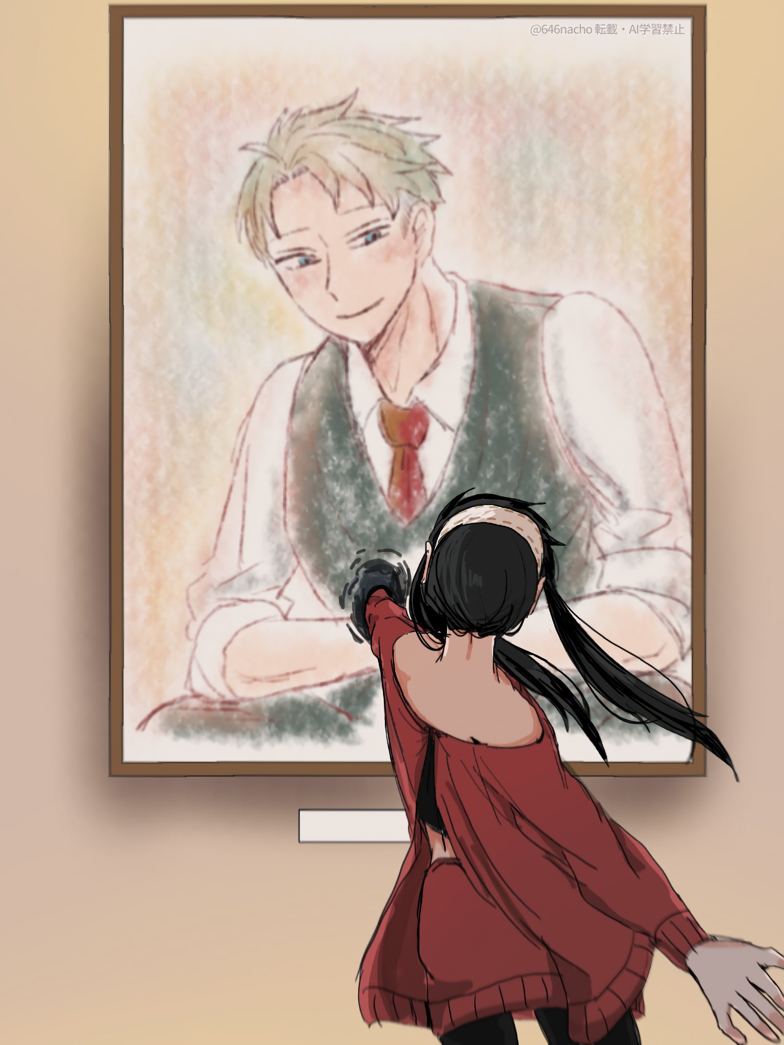 646nacho, twilight (spy x family), yor briar, spy x family, highres, 1boy, 1girl, bare shoulders, black hair, blonde hair, blush, breasts, couple, dress, formal clothes, green pants, green suit, hairband, hetero, husband and wife, long hair, off-shoulder sweater, off shoulder, pants, red sweater, shirt, suit, sweater, sweater dress, white hairband