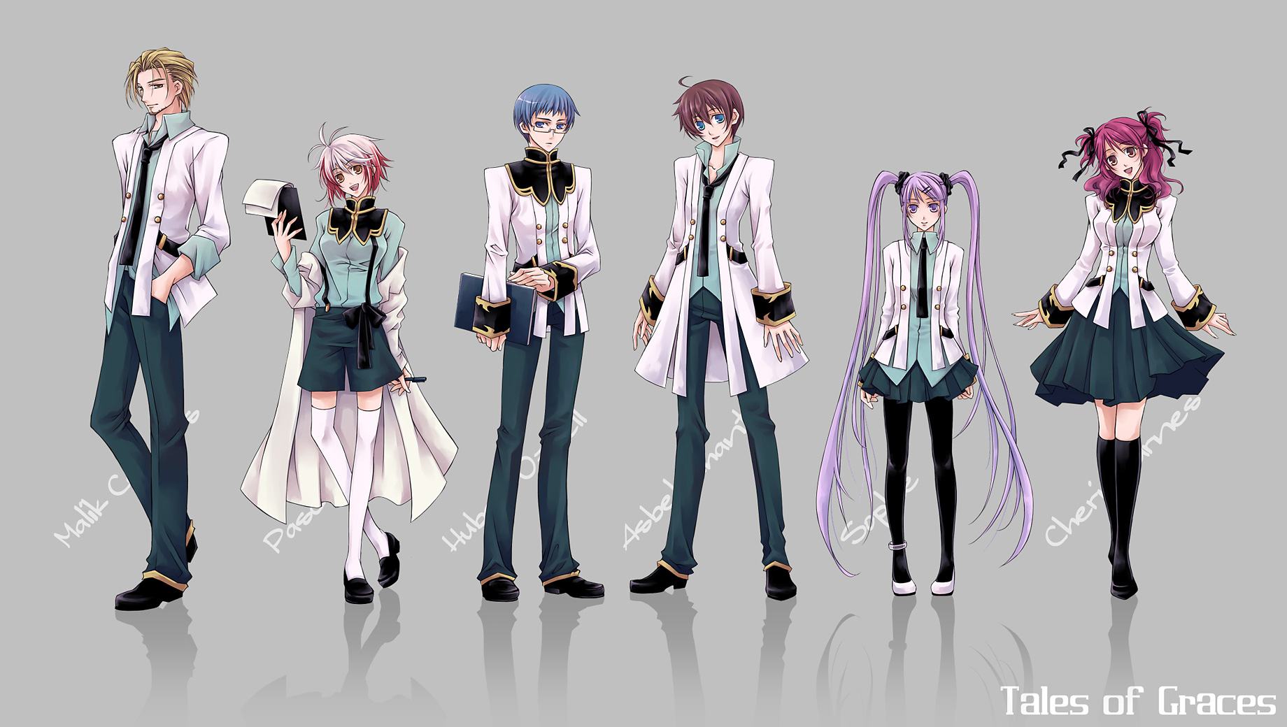 yuki (port fairy), asbel lhant, cheria barnes, hubert ozwell, malik caesars, pascal (tales), sophie (tales), tales of (series), tales of graces, bad id, bad pixiv id, highres, 3boys, 3girls, blonde hair, blue eyes, blue hair, book, brothers, brown eyes, brown hair, character name, copyright name, glasses, grey background, multicolored hair, multiple boys, multiple girls, necktie, pantyhose, purple eyes, purple hair, red hair, ribbon, shadow, siblings, skirt, square-end necktie, thighhighs, twintails, two-tone hair, two side up, white hair, white thighhighs, zettai ryouiki