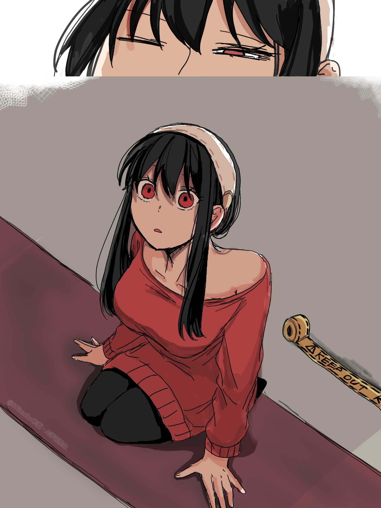 646nacho, yor briar, spy x family, highres, 1girl, bare shoulders, black hair, breasts, cleavage, dress, earrings, gold earrings, hairband, jewelry, large breasts, long hair, off-shoulder sweater, off shoulder, red eyes, red sweater, sidelocks, solo, sweater, white hairband
