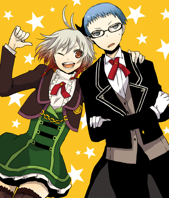 buzz (moi), hubert ozwell, pascal (free spirit) (tales), pascal (tales), tales of (series), tales of graces, bad id, bad pixiv id, 1boy, 1girl, blue hair, chain, glasses, gloves, gradient hair, grey eyes, multicolored hair, official alternate costume, one eye closed, red hair, star (symbol), star symbol background, thighhighs, tuxedo, white hair, wink, yellow background
