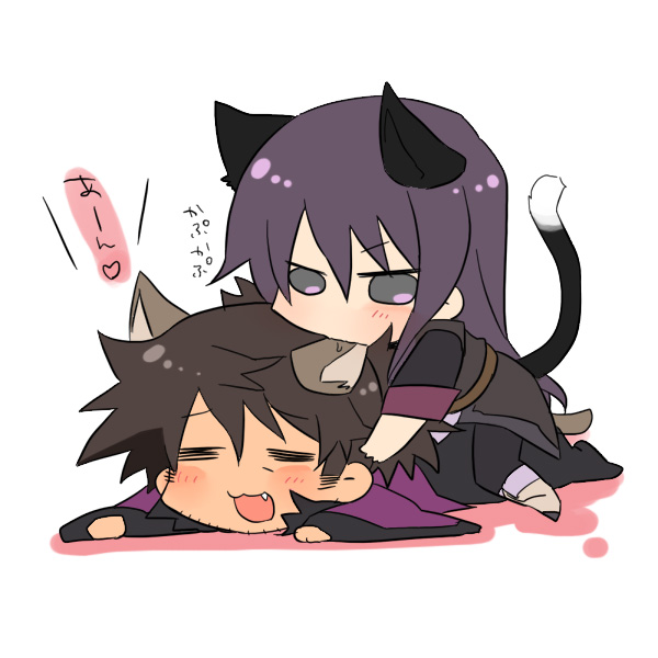amazu (tokyo), raven (tales), yuri lowell, tales of (series), tales of vesperia, biting ear, 00s, 2boys, animal ears, biting, black eyes, black hair, cat ears, cat tail, fang, kemonomimi mode, long hair, multiple boys, ponytail, tail, white background