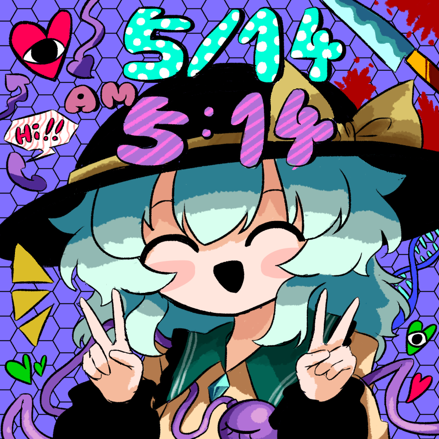 heripantomorrow, komeiji koishi, touhou, commentary request, 1girl, black hat, blood, blood splatter, buttons, closed eyes, contrast collar, diamond button, dna, double v, eyeball, frilled shirt collar, frilled sleeves, frills, green hair, hat, hat ribbon, heart, knife, koishi day, phone, ribbon, shirt, smile, speech bubble, third eye, v, yellow ribbon, yellow shirt