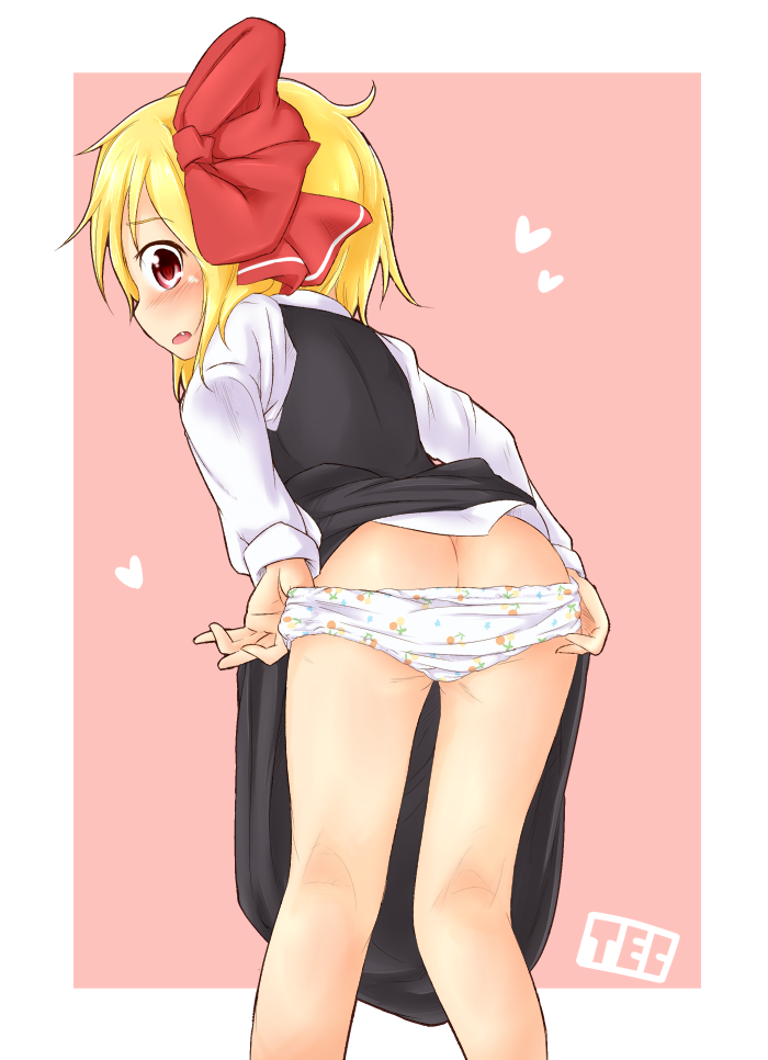 tec, rumia, embodiment of scarlet devil, touhou, 1girl, ass, blonde hair, blush, female focus, loli, panties, panty pull, print panties, red eyes, solo, underwear