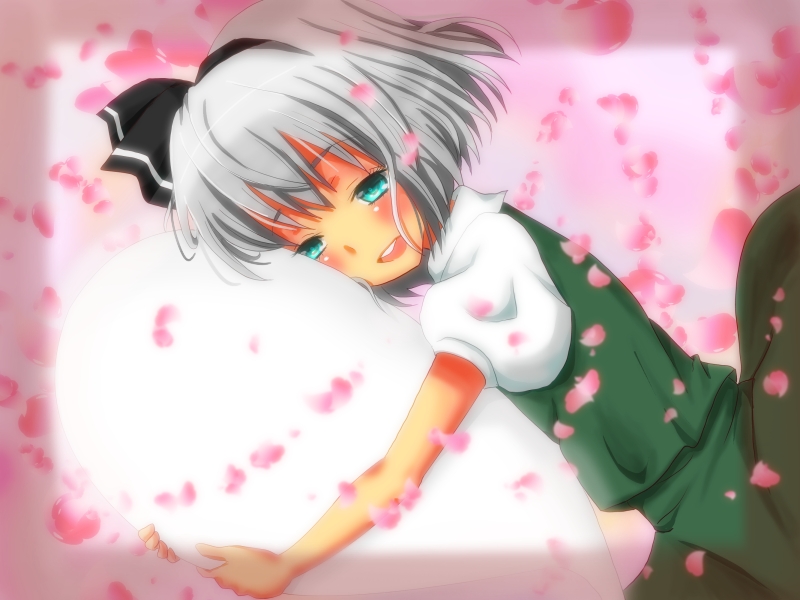 nomutarou, konpaku youmu, konpaku youmu (ghost), touhou, silver hair, bad id, bad pixiv id, 1girl, blush, cherry blossoms, female focus, ghost, green eyes, hitodama, hug, petals, short hair, solo