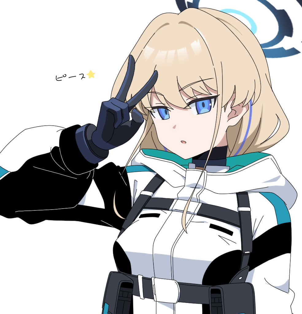 nyaru (nyaru 4126), toki (armed) (blue archive), toki (blue archive), blue archive, commentary, translation request, 1girl, blonde hair, blue eyes, blue gloves, blue hair, breasts, gloves, hair between eyes, halo, hand up, hood, hood down, hooded jacket, jacket, long sleeves, looking at viewer, medium breasts, multicolored hair, parted lips, puffy long sleeves, puffy sleeves, simple background, solo, streaked hair, upper body, white background, white jacket