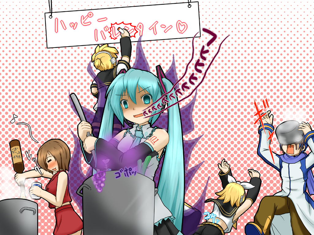 kou (haijindeath), hatsune miku, kagamine len, kagamine rin, kaito (vocaloid), meiko (vocaloid), vocaloid, pot, translation request, 2boys, 3girls, aqua eyes, bad food, blonde hair, cooking, multiple boys, multiple girls